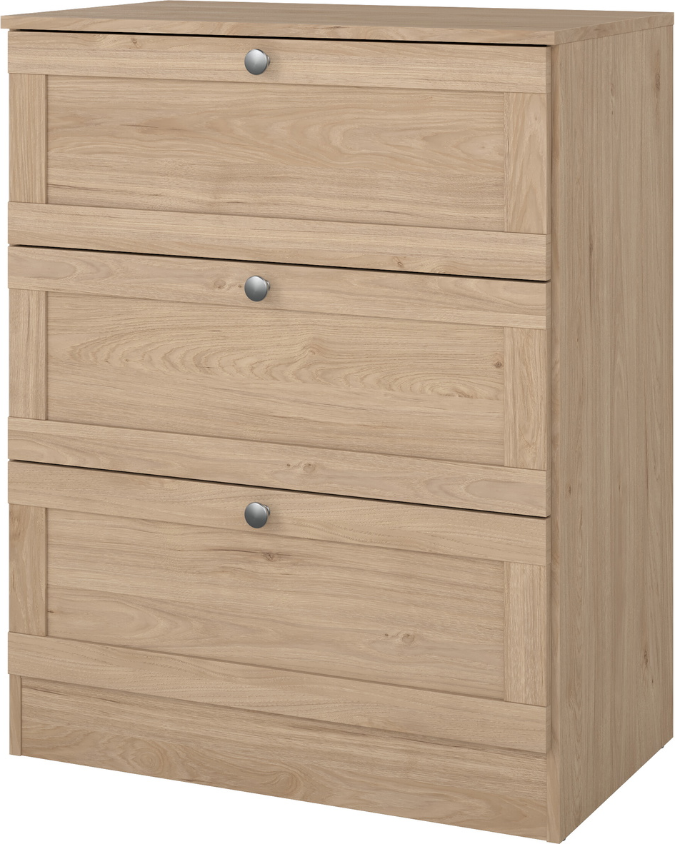 Kommode Vesterholm Billund  -  Jackson Hickory, 3 skuffer, vægmonteret, FSC-spånplade, kuglelejrede skinner, metalbeslag, dansk produktion, H89ÃB70ÃD42 cm