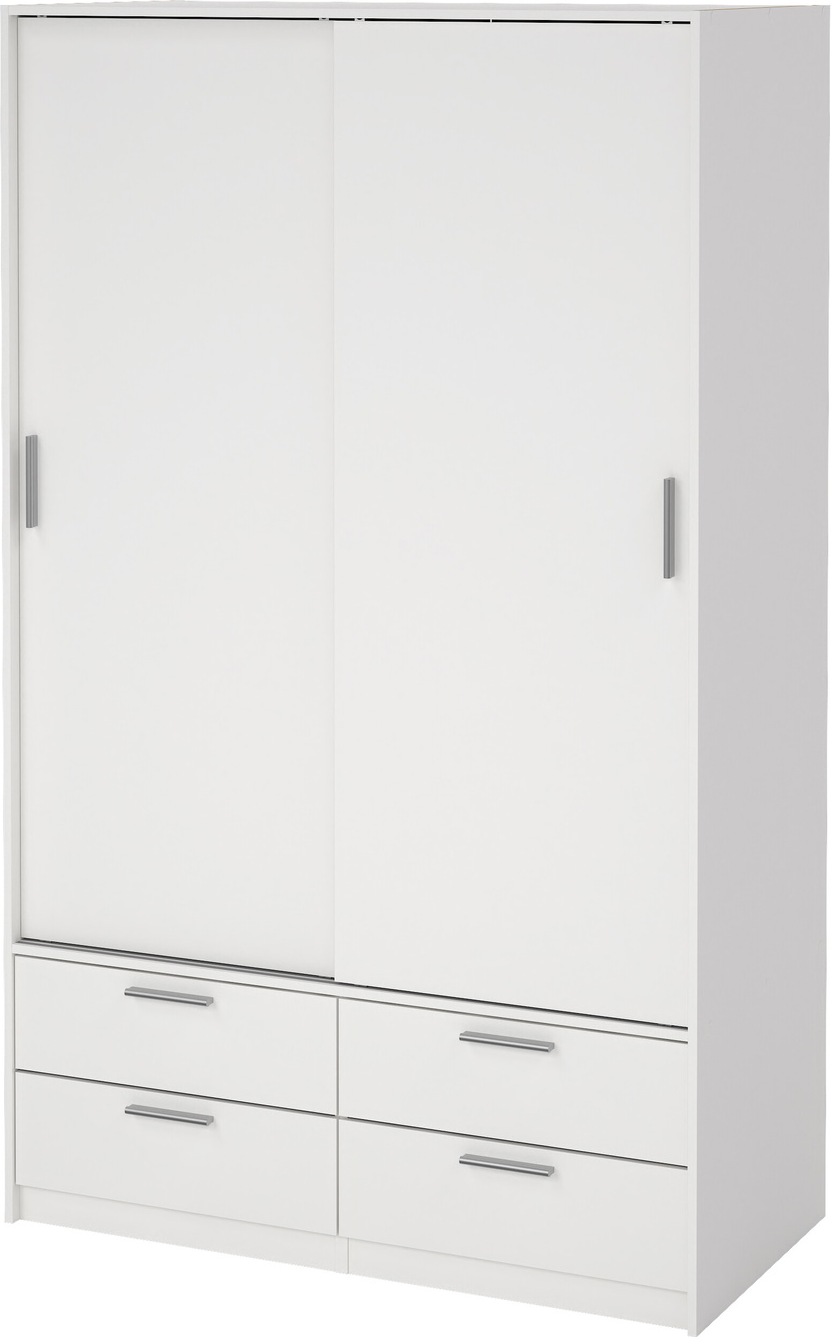 Garderobeskab Vesterholm Liva 2 skydedøre, 4 skuffer, hvid, H200xB121xD60 cm, dansk produceret, FSC