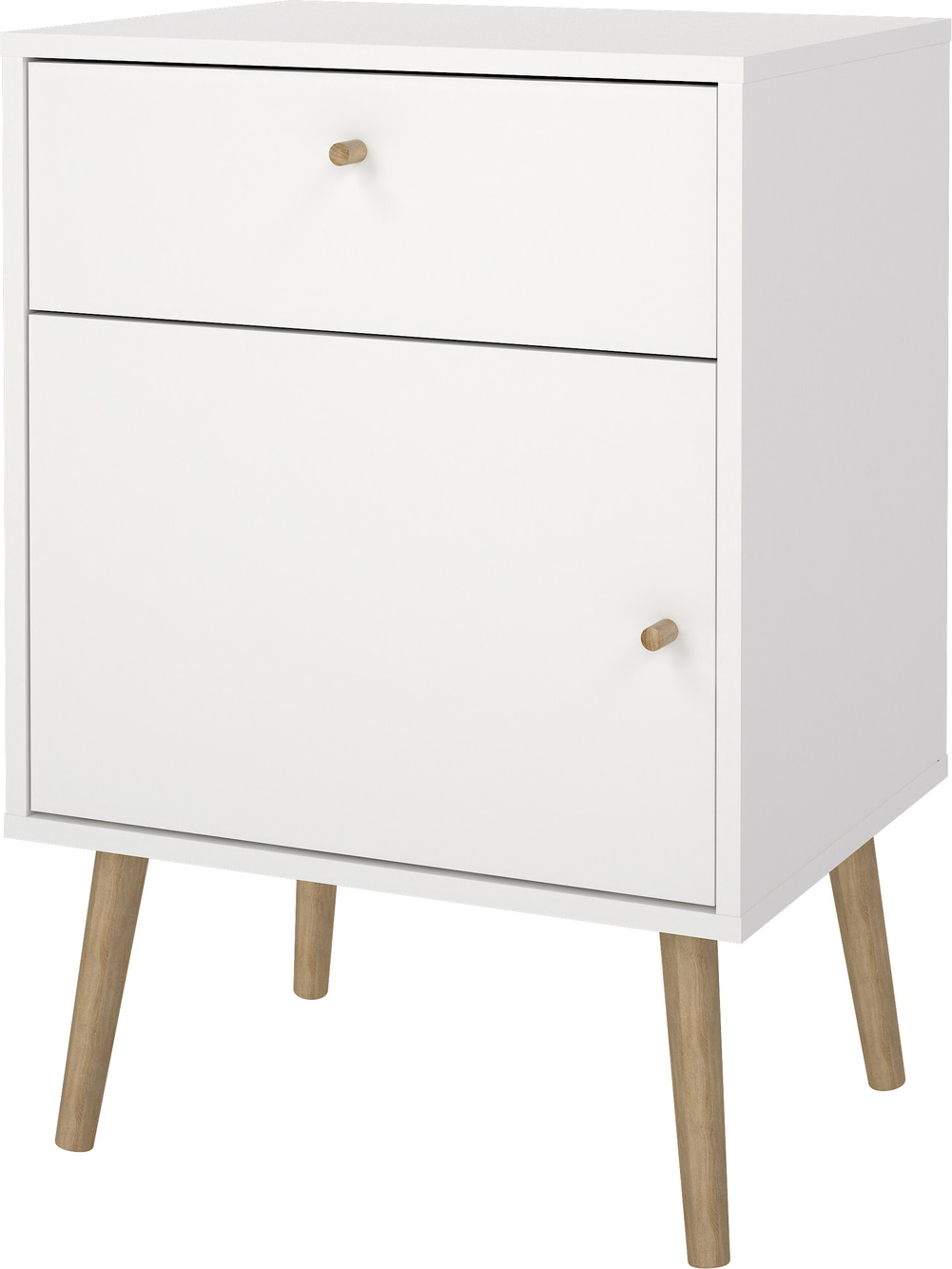 Sengebord/natbord Vesterholm Bodo, hvid folie, 1 dør vendbar & 1 skuffe, høj H72 cm, træknop og ubehandlede ben