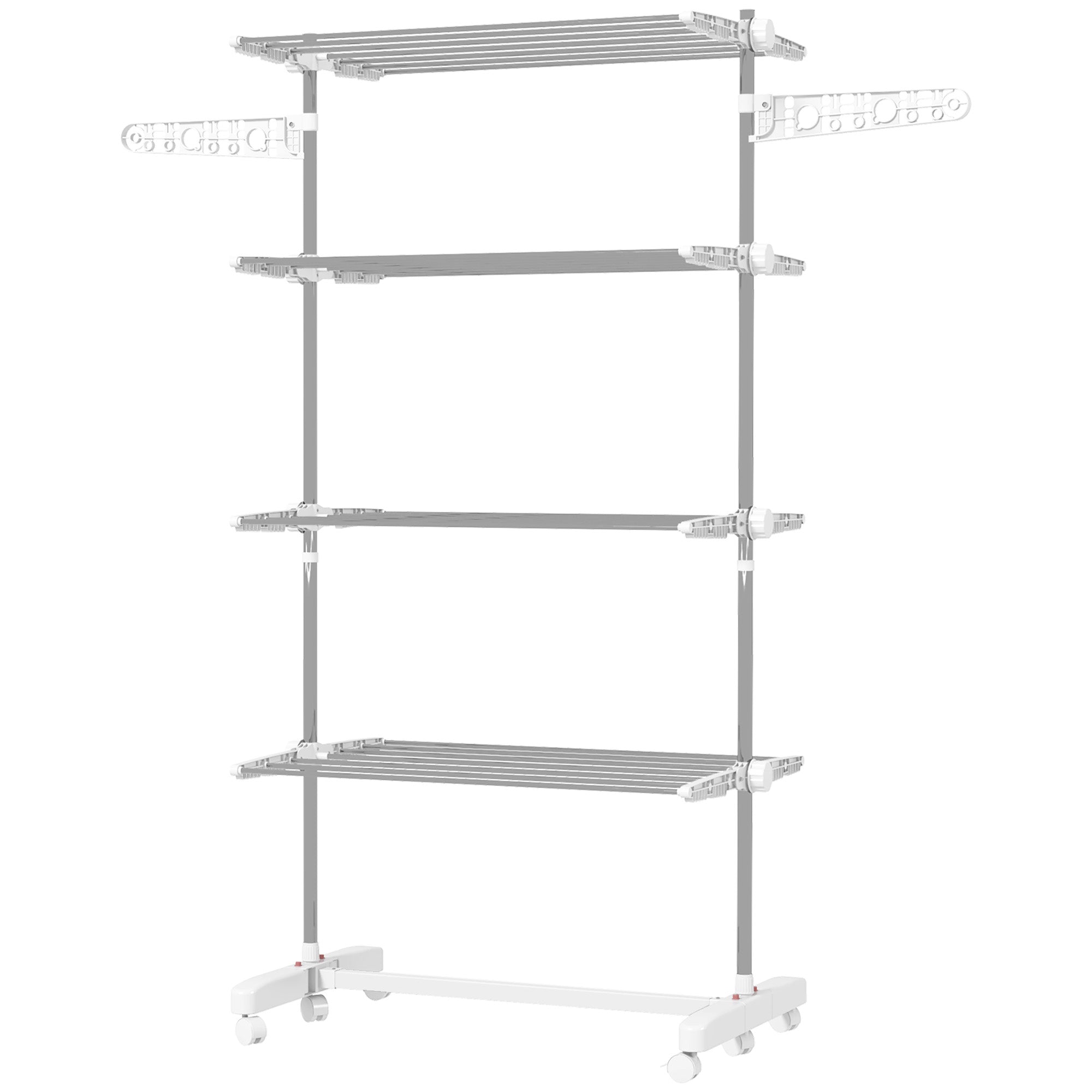 Mobilt tørrestativ med hjul, 4 etager, foldbart, rustfrit stål, rustfri, hvid+sølv, 142 x 55 x 172 cm