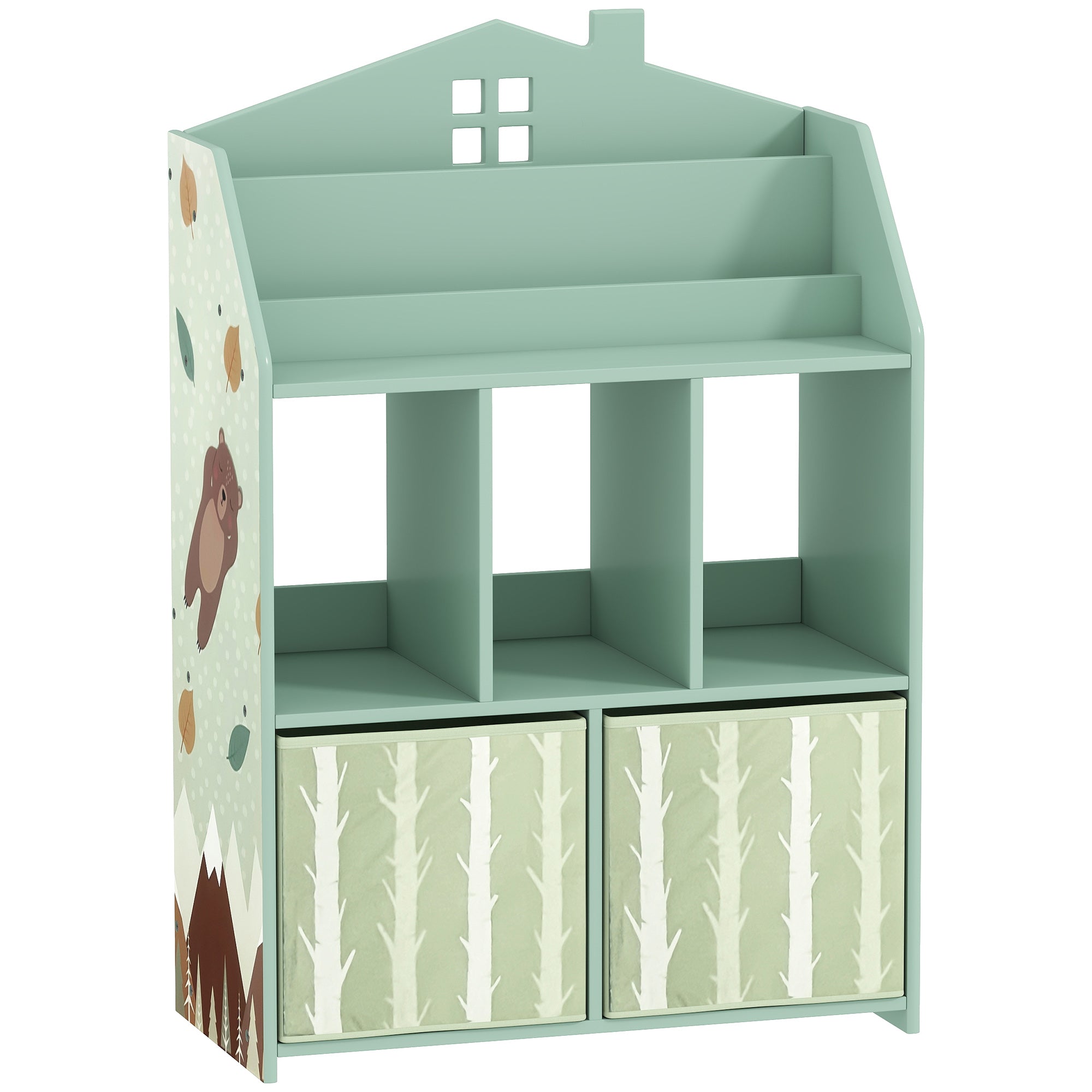 Børnebogreol med 2 stofskuffer, åben hylde til alderen 3-8, 62,5x30x91,5 cm, grøn
