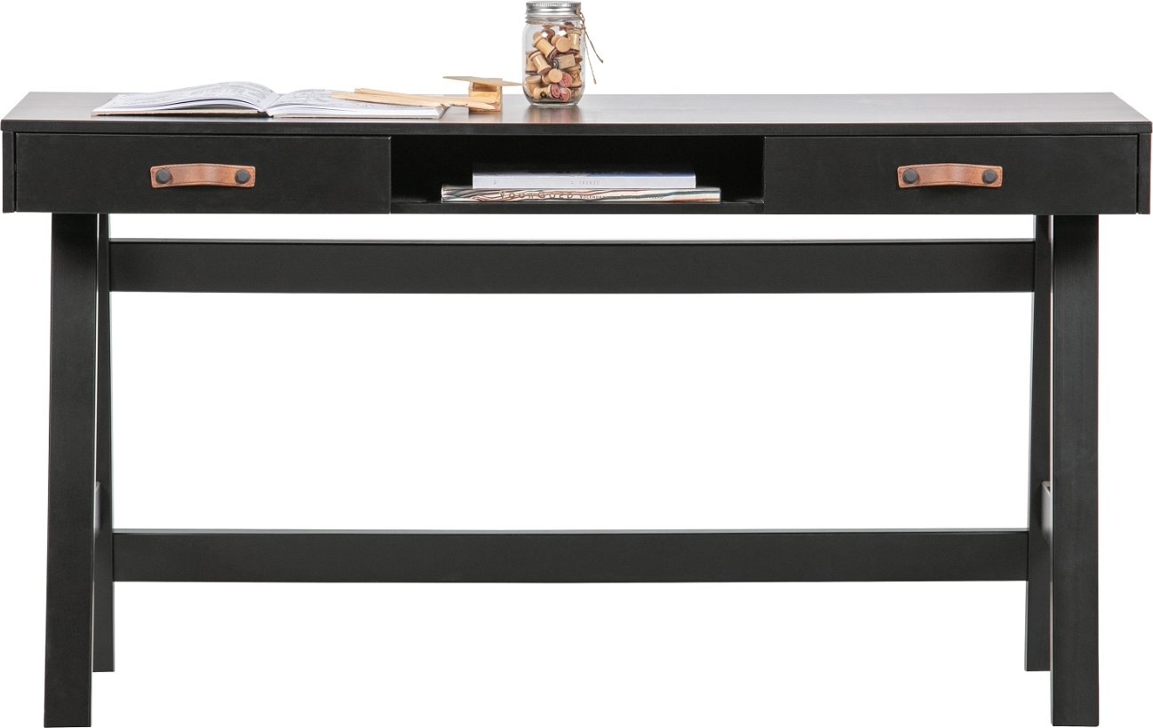 Skrivebord WOOOD Dian sort i fyrretræ med 2 skuffer og opbevaring 140x62x75 cm FSC-certificeret