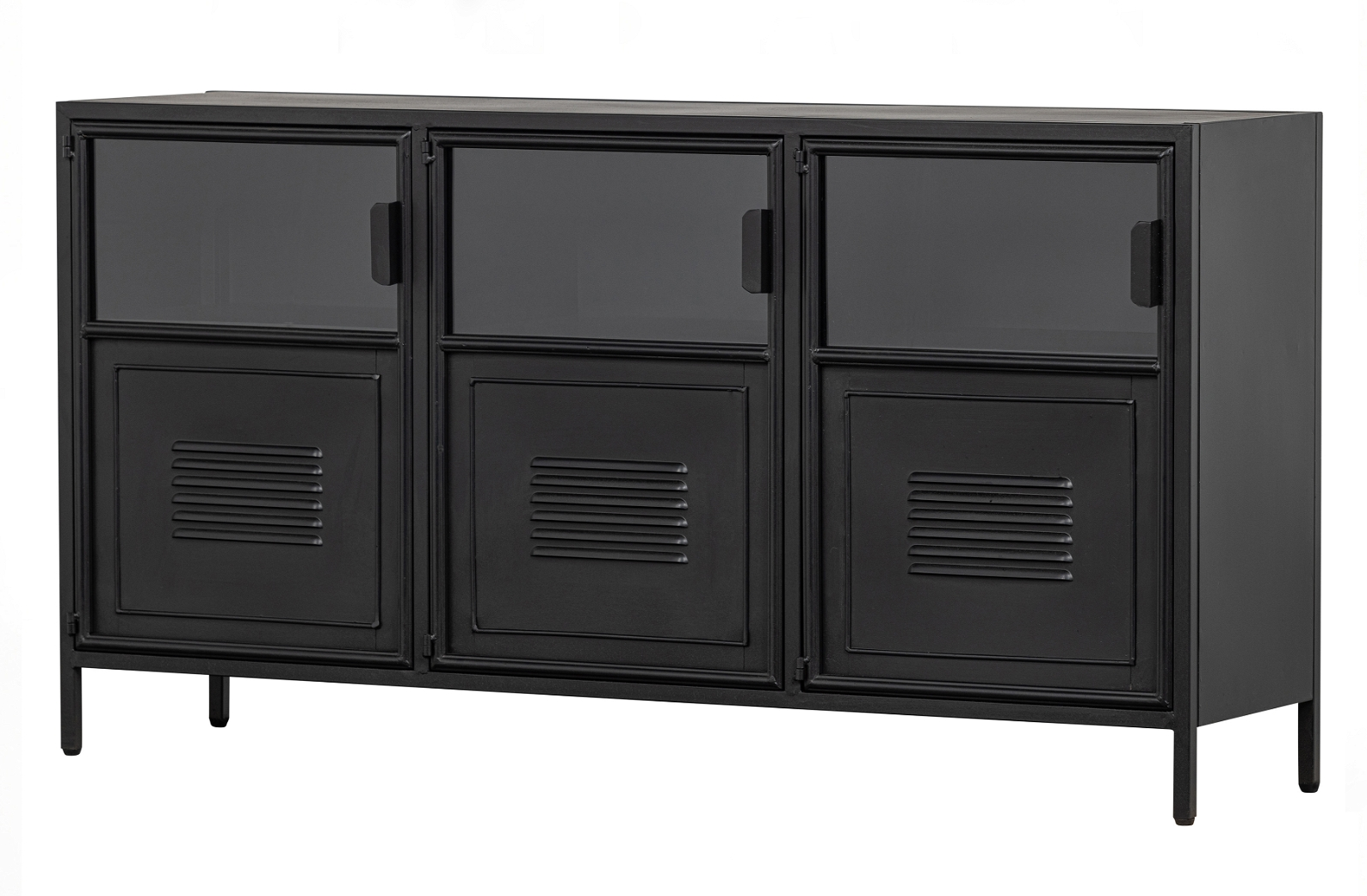 Highboard WOOOD Ronja  -  industrielt højskab i sort jern med glasdøre, 3 rum & hylder, B143xD37xH75,5 cm