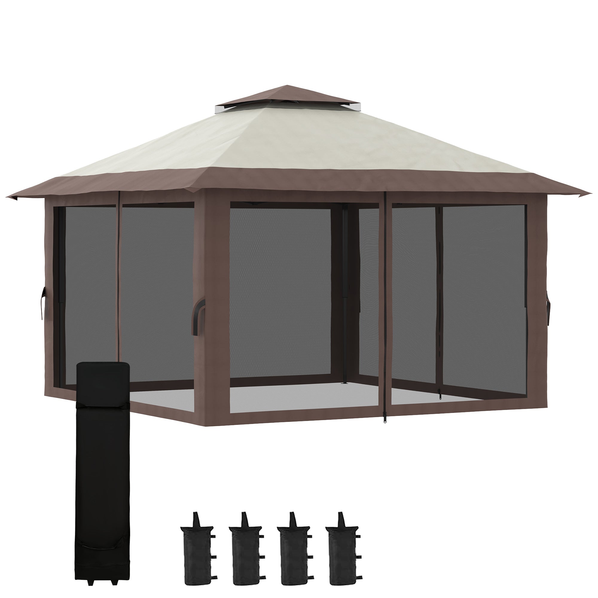 Foldbar pavillon, højdejusterbar, 4 netvægge, ventileret tag, bæretaske, hurtig montering, 4 x 4 x 3 m, beige
