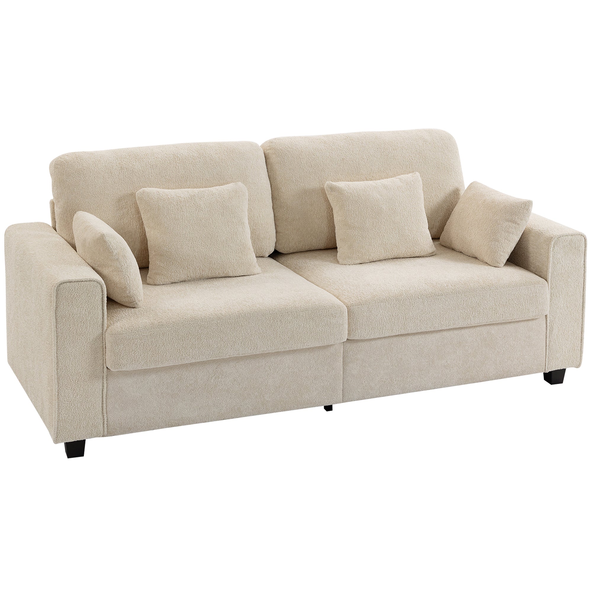 Beige 3-personers sofa med Raindrop-fløjlsbetræk, dybt sæde, fjerpuder, brede armlæn og 4 hynder