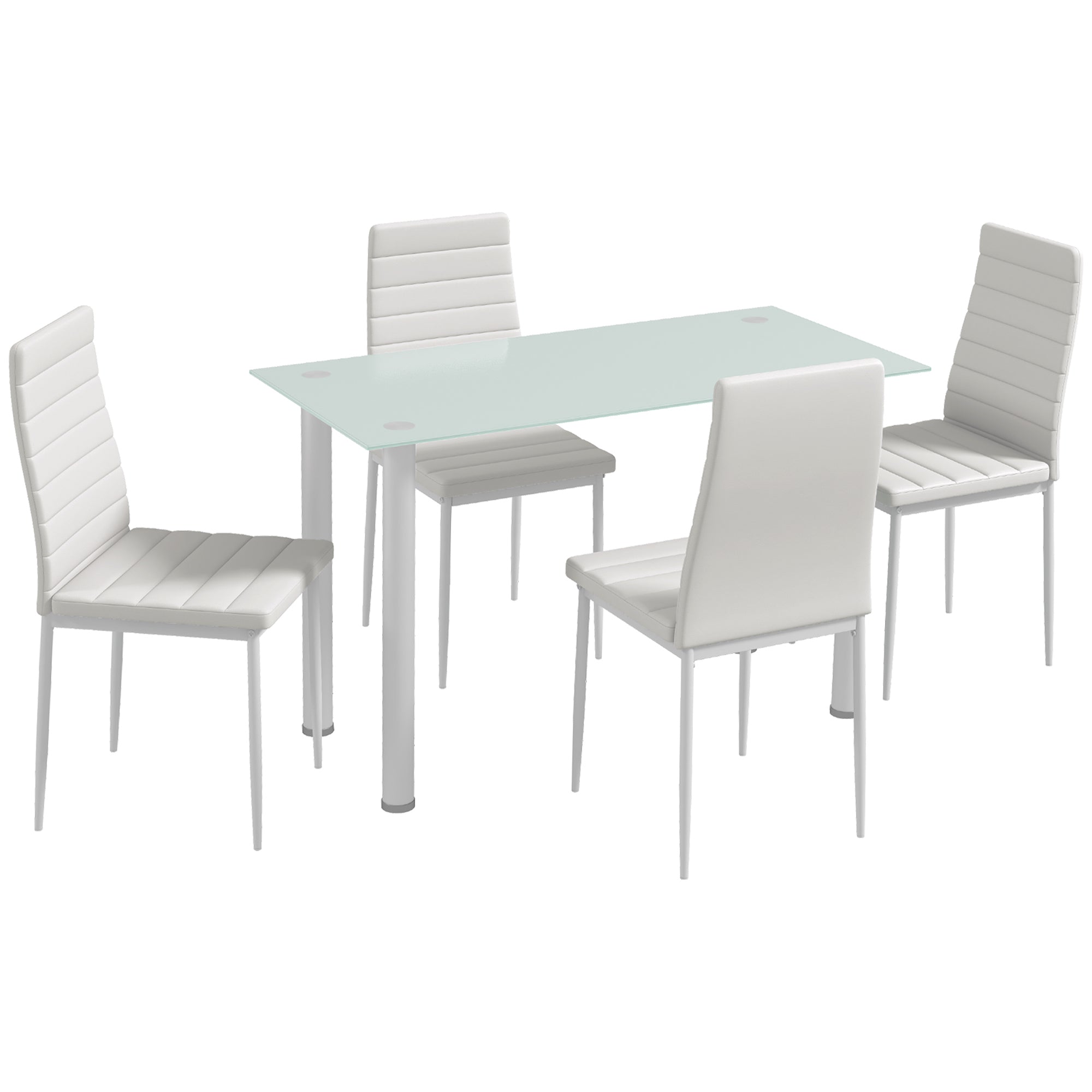 5-delt spisebordssæt, siddegruppe, spisebord med 4 stole, moderne design, glasbord, hvid
