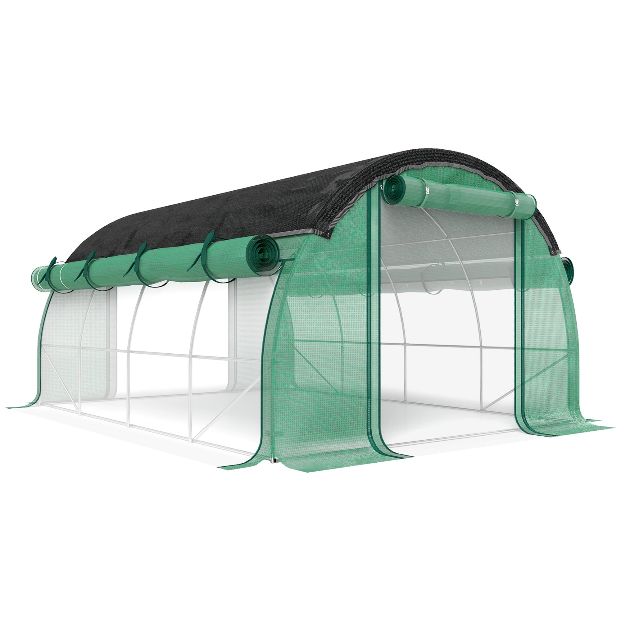 4 x 3 x 2 m polytunnel drivhus med solnet, rullelige sidevægge, plastikdæksel, stålramme, grøn