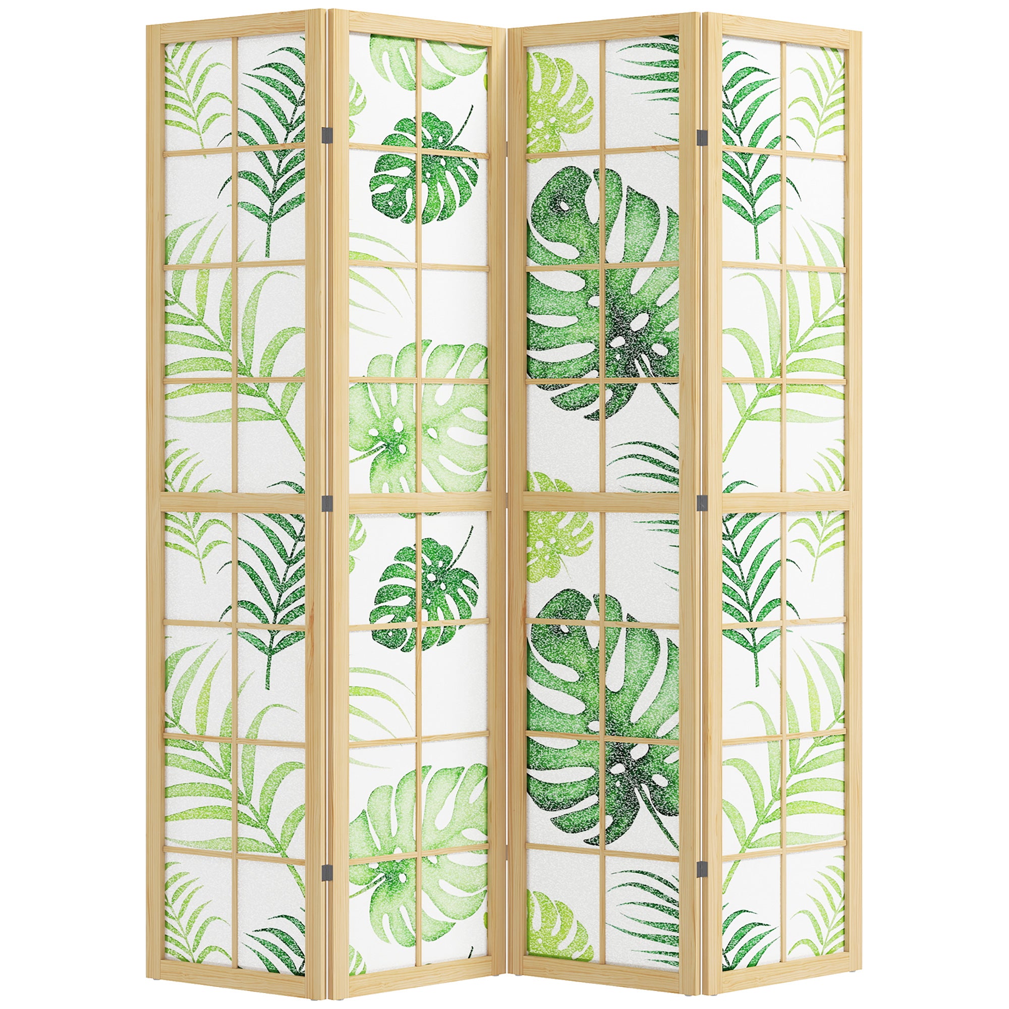 4-delt rumdeler, foldbar, boho design, tropisk motiv, fritstående rumdeler, træramme, grøn