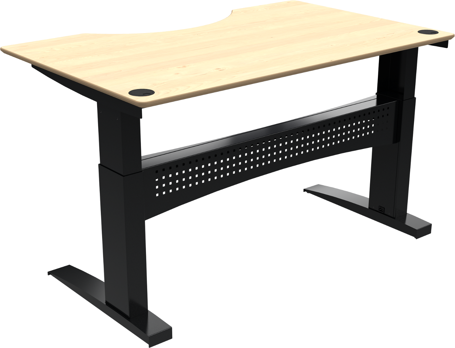 To-bens hæve-/sænkebord ZenNord FlexDesk med centerudskæring, natur/sort ahorn, højde 65-122 cm