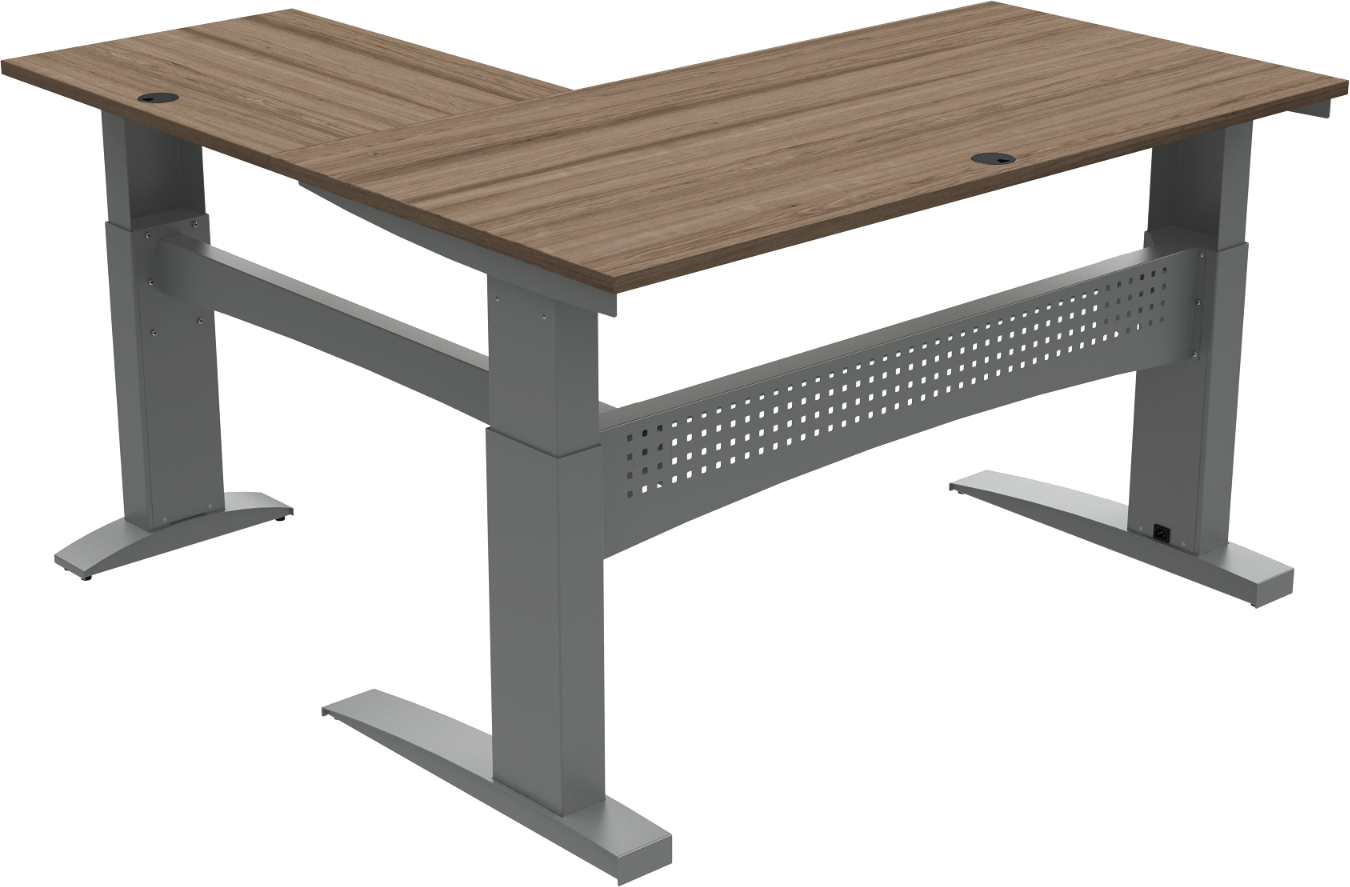 Tre-bens firkantet hæve-/sænkebord ZenNord FlexDesk 501-11 i valnød/sølv, 160x160 cm, højde 65-122 cm