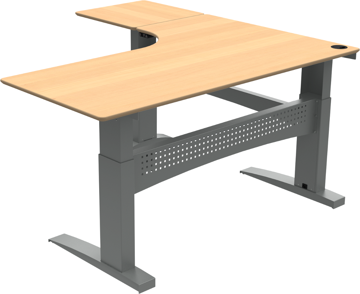 Tre-bens hæve-/sænkebord L-form venstrevendt ZenNord FlexDesk natur bøg/sølv 180x180 cm