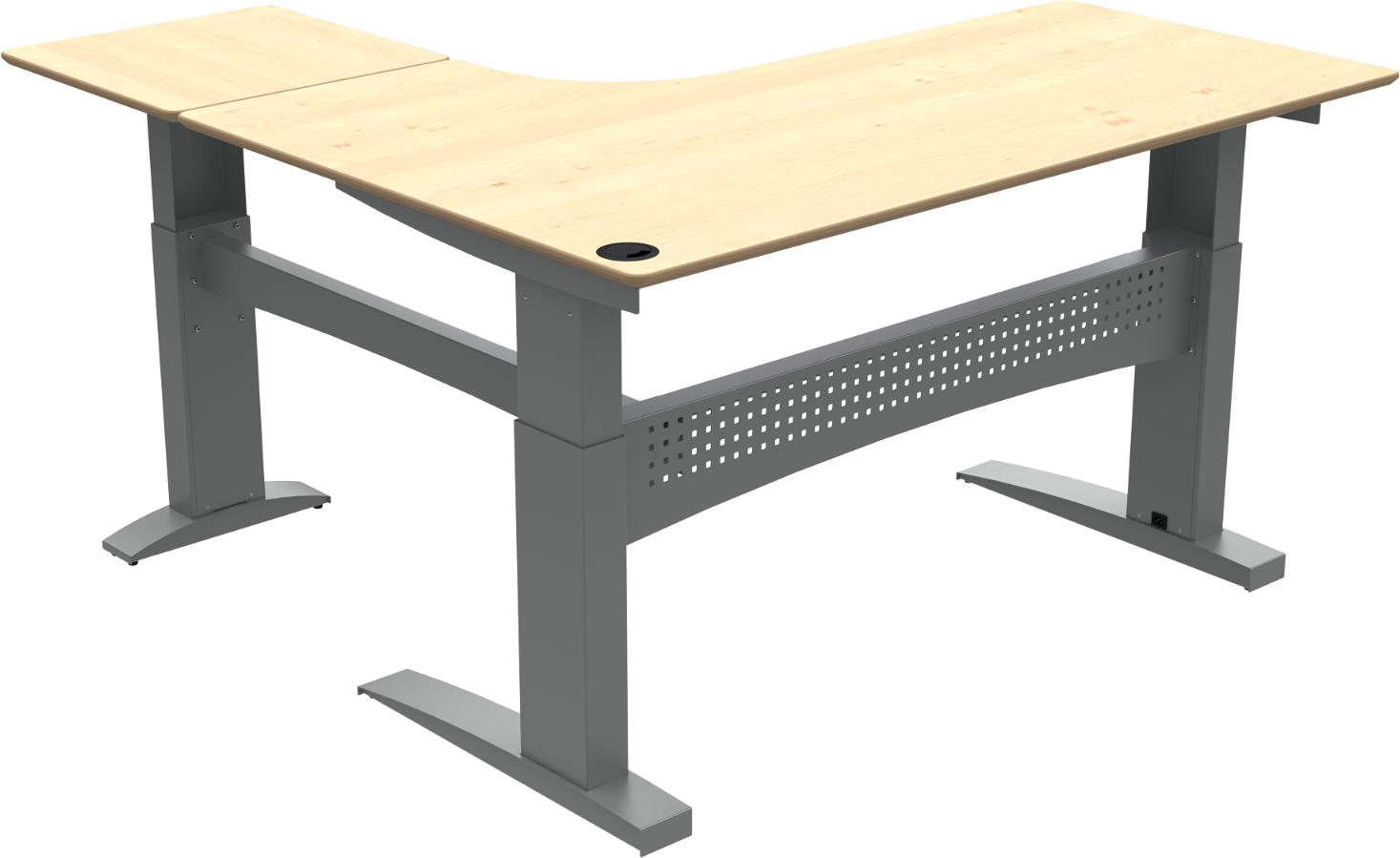 ZenNord FlexDesk tre-bens L-formet hæve-/sænkebord i naturfarvet ahorn og sølv 180x180 cm højrevendt