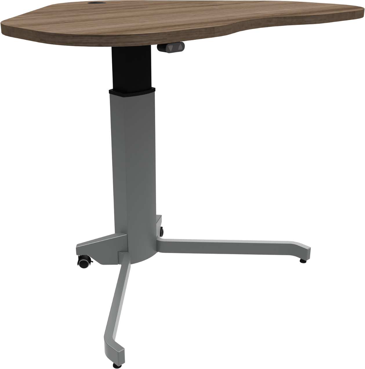 Enkeltben hæve-/sænkebord skrivebord ZenNord ZenRise hjerteformet valnød/sølv H68-120 cm B117ÃD90 cm med hjul