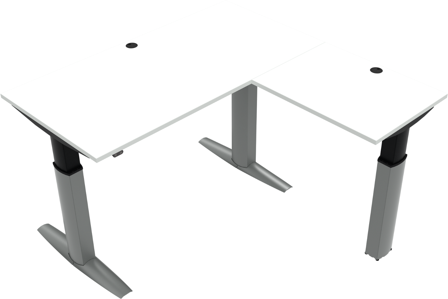Tre-bens hæve-/sænkebord firkantet ZenNord ElevateLine hvid/sølv 160x160 cm højde 68-120 cm med kabelbakke MFC E0 miljøvenligt