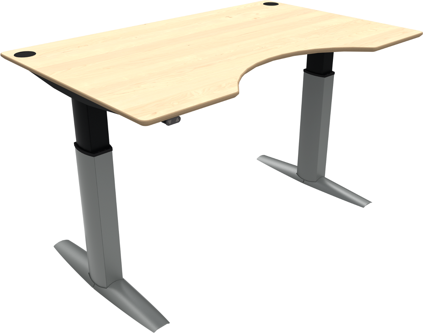 To-bens hæv-/sænkebord ZenNord ElevateLine med centerudskæring og integreret kabelbakke, ahorn/sølv, højde 68-120 cm