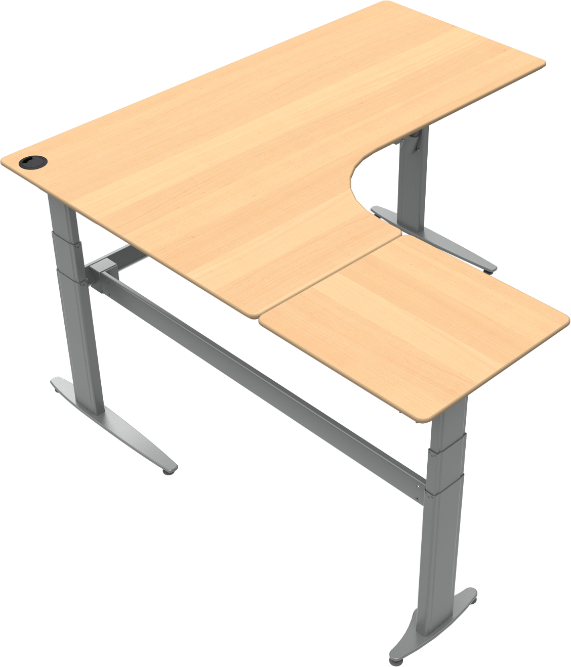 Tre-bens L-formet hæve-/sænkebord ZenNord MoveMate venstrevendt bøg natur/sølv 68-120 cm højde 180x180 cm