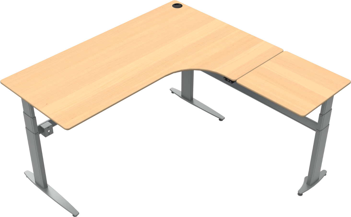 Tre-bens L-formet hæve-sænkebord ZenNord MoveMate højrevendt naturbøg/sølv ergonomisk skrivebord H68-120 B180Ã180
