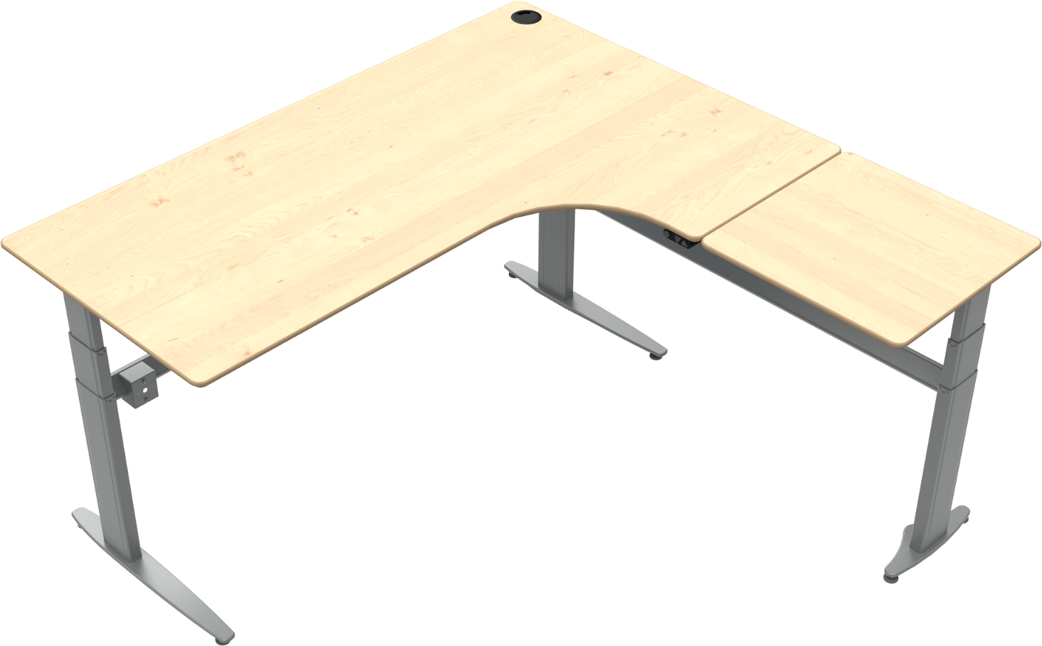 L-formet tre-bens hæve-/sænkebord ZenNord MoveMate i ahornfinér natur/sølvstel 68-120 cm højde 180x180 cm