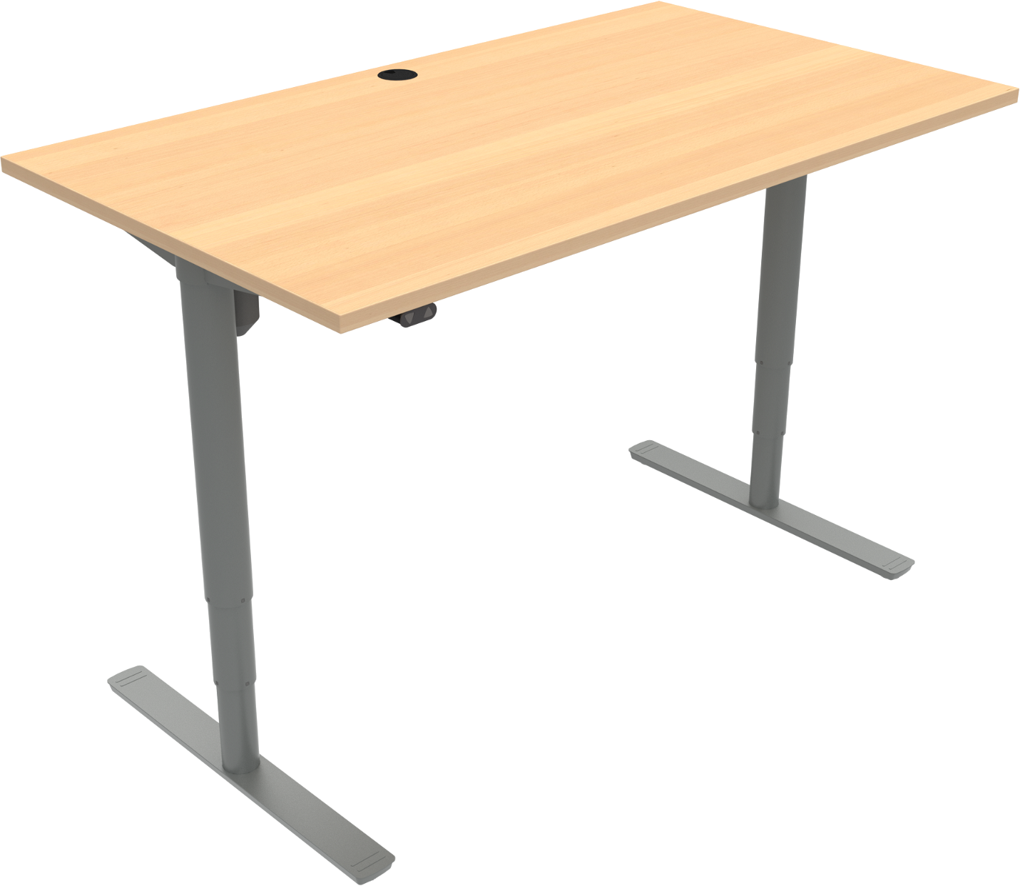 To-bens hæve-/sænkebord ZenNord ComfortZone ergonomisk skrivebord med kabelgennemføring i bøg melamin 65-125 cm højde 140x80 cm natur/sølv