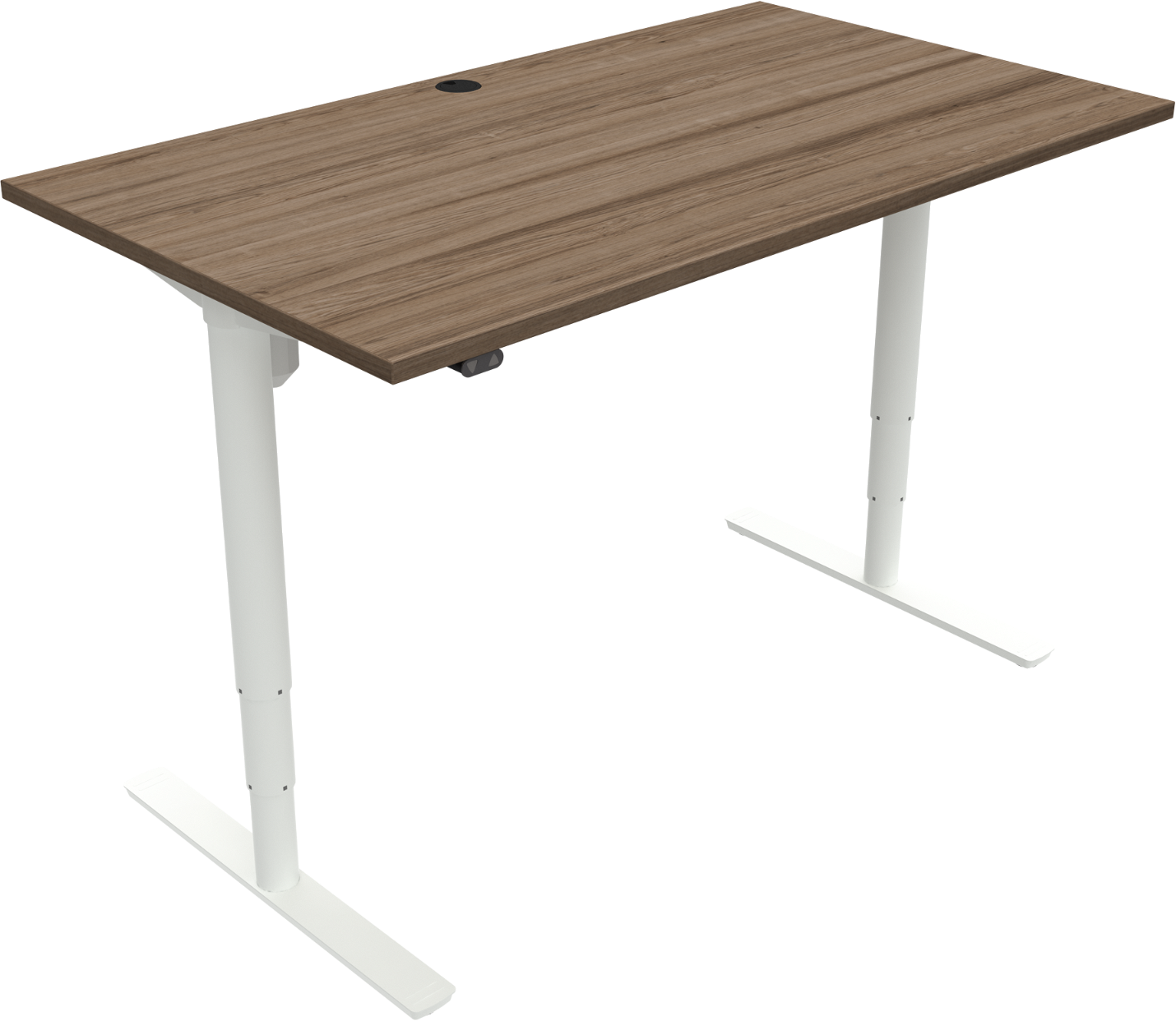 To-bens hæve-/sænkebord ZenNord ComfortZone, valnød skrivebord med hvidt stel og kabelstyring 140x80 cm højde 65-125 cm