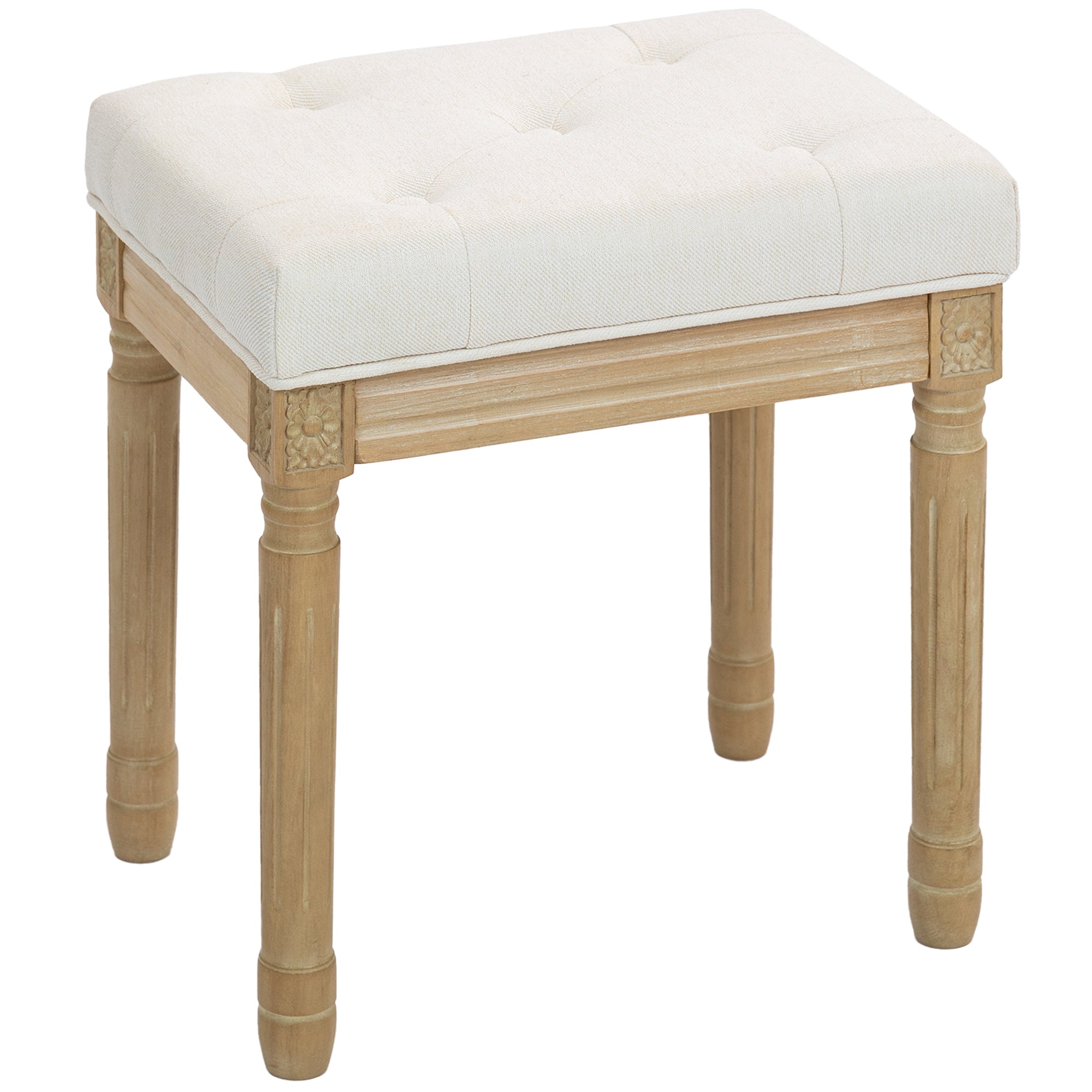 Hørskammel, polstret bænk, fodskammel med polstret sæde, træben, 42 x 32 x 46,5 cm, beige