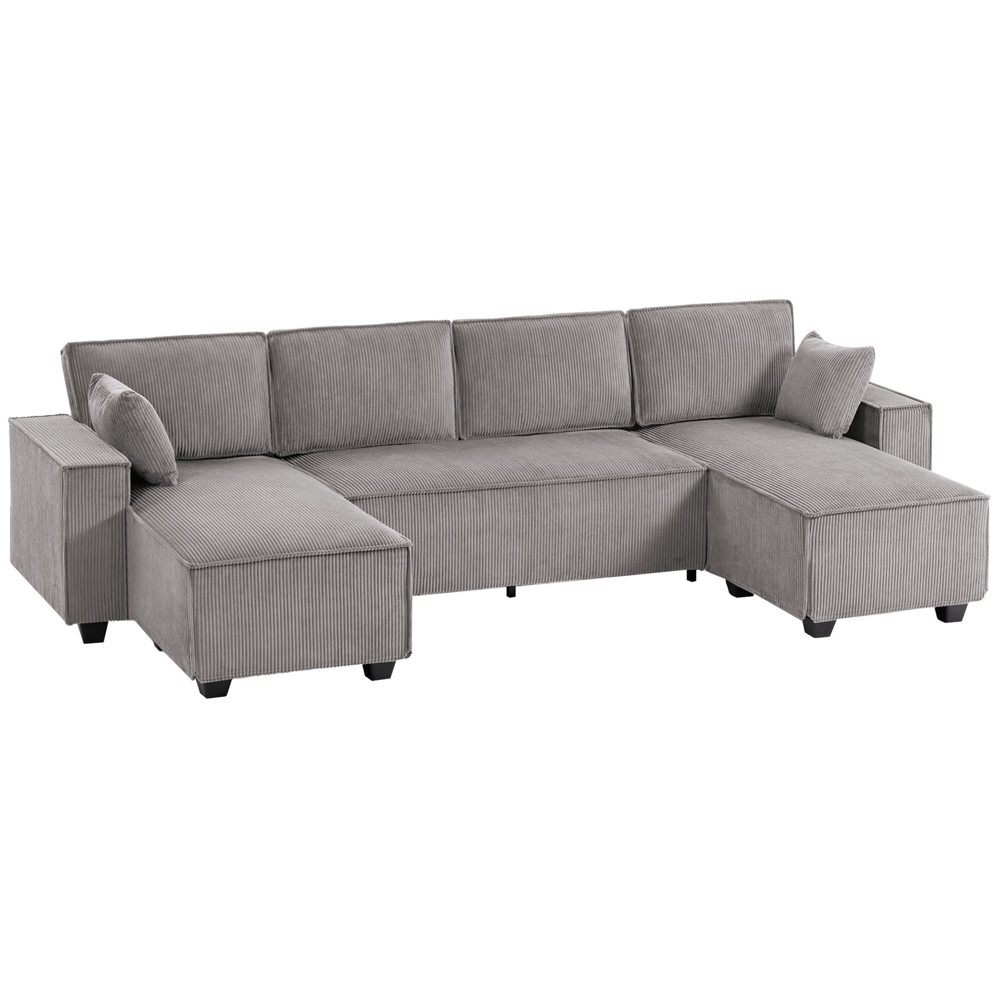 Hjørnesofa med dobbelt chaiselong, U-formet sofa i corduroystof med bredt og dybt sæde, hynder med fjederkerne, lysegrå