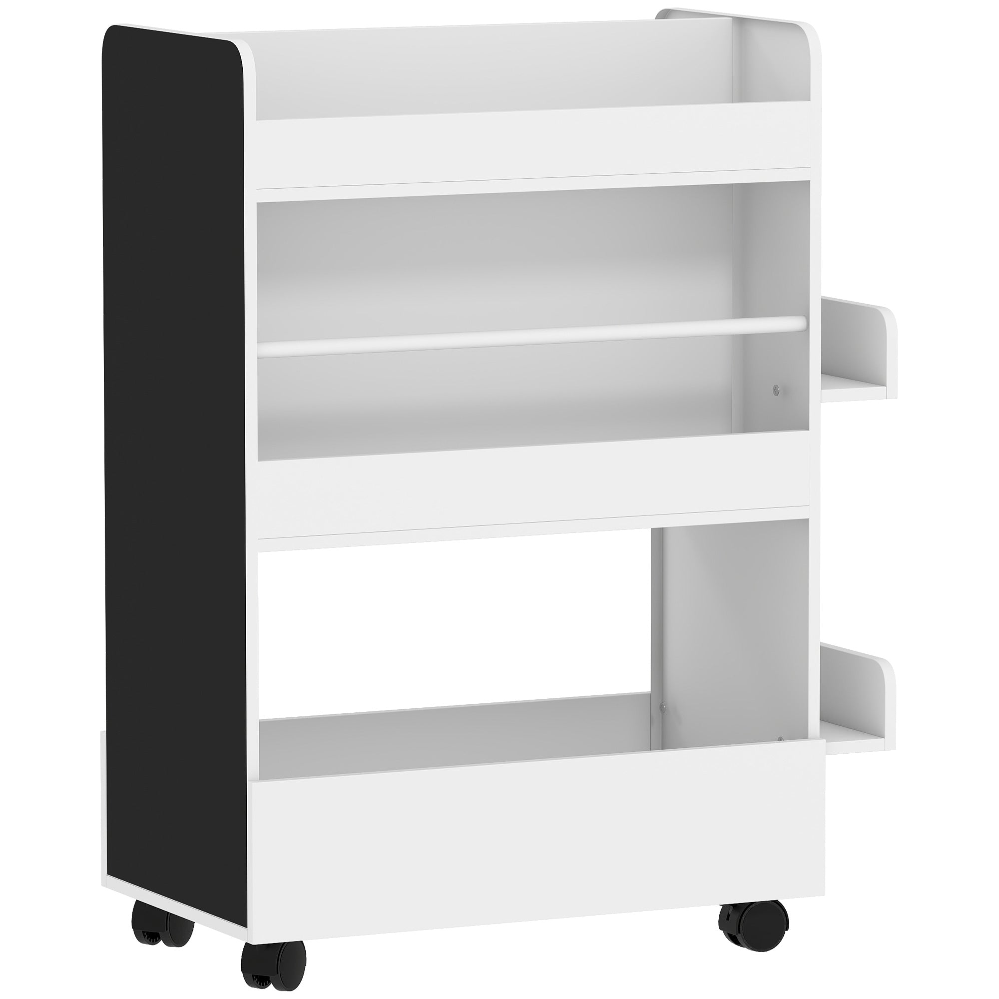 Børnebogreol med 4 hylder, bundrum, 2 sidepaneler, tavle, hjul, til alderen 3-8, 66,5x32,5x86,5 cm, hvid