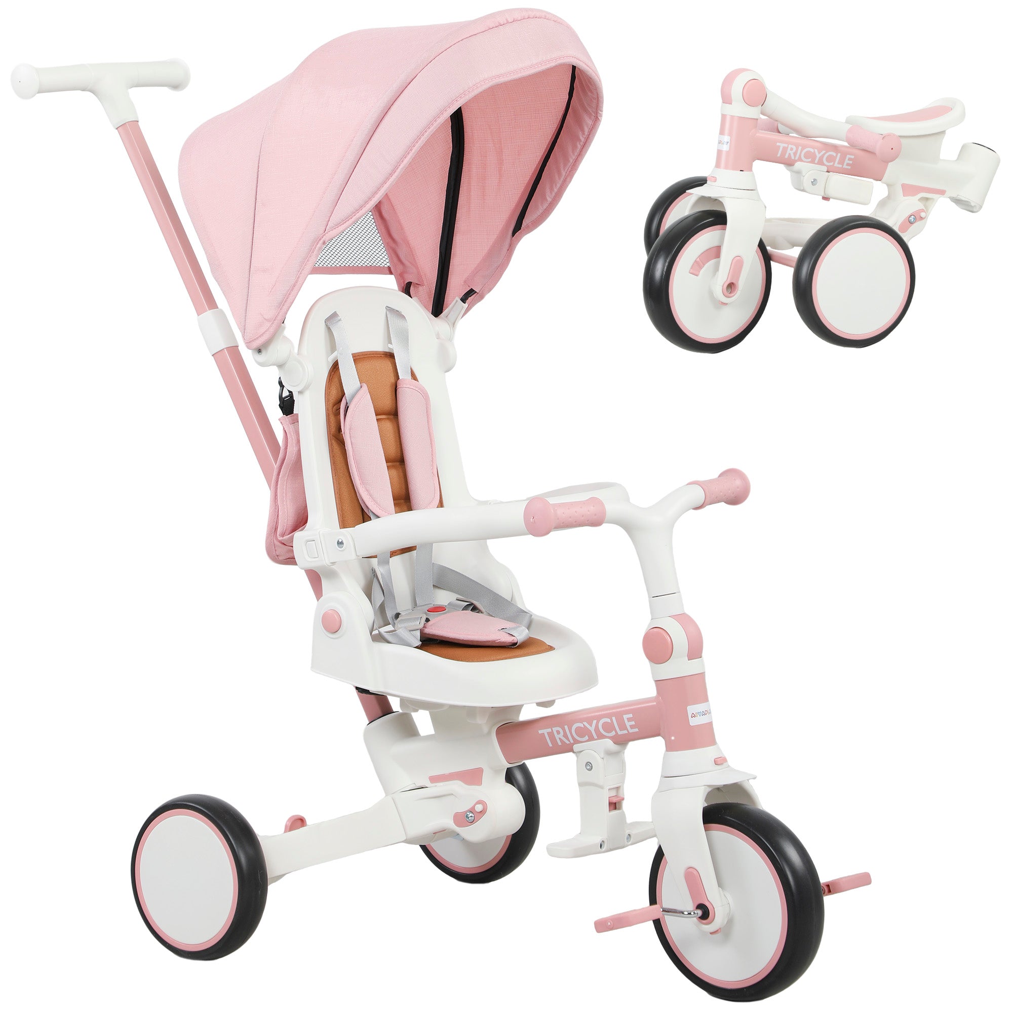 Børnetrecykel, konvertibel babyvogn, 5-i-1 design, aftageligt skubbehåndtag, justerbar, sikkerhedssele, opbevaringstaske, 1-3 år, pink