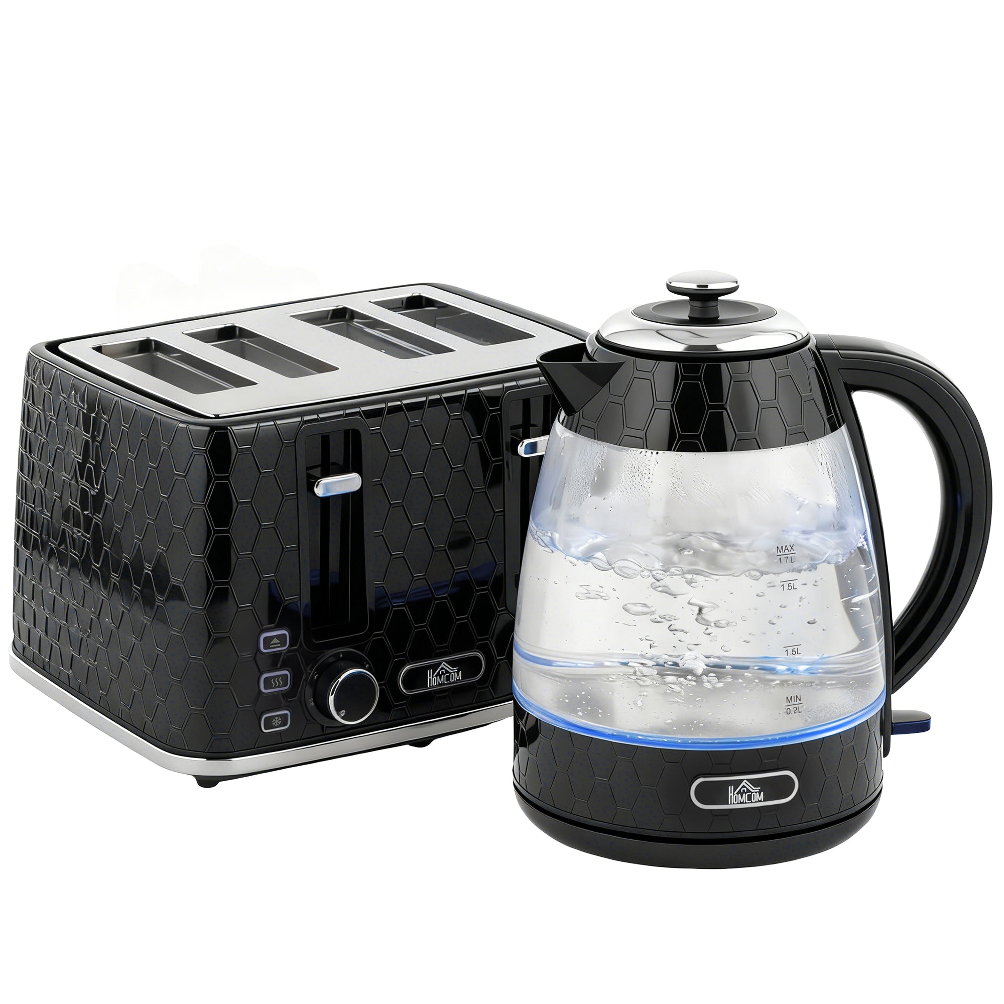 1,7L 2200W elkedel med hurtigkogning og brødristersæt til 4 skiver med kalkfilter, sort