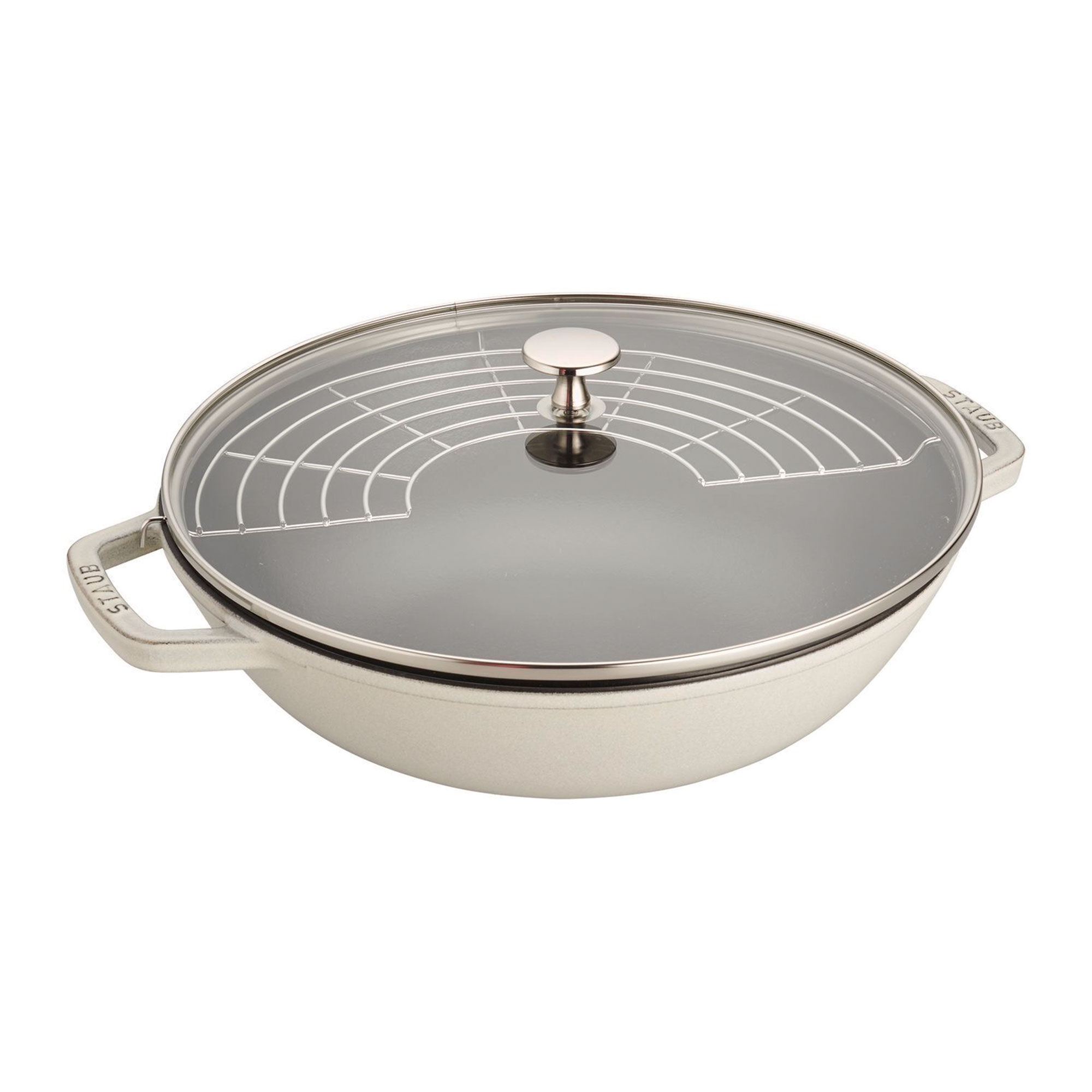Staub Wok i støbejern med glaslåg 30 cm, white truffle