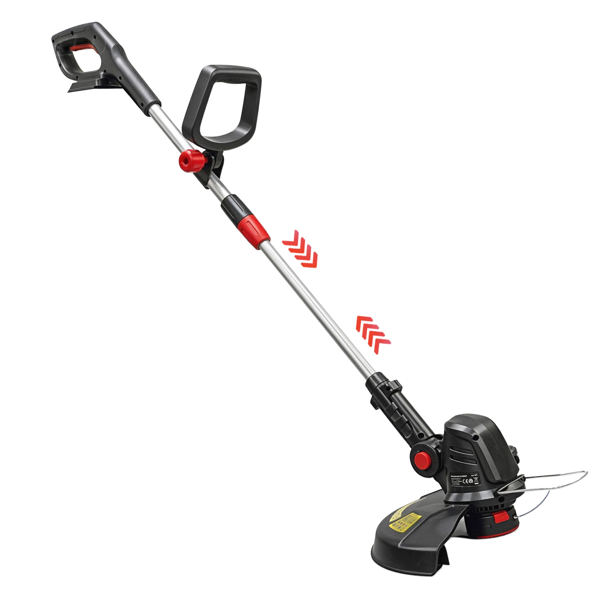 Batteridrevet plænetrimmer/buskrydder med 30 cm klippebredde, justerbart håndtag, vipbart motorhoved til have og gårdsplads, sølv