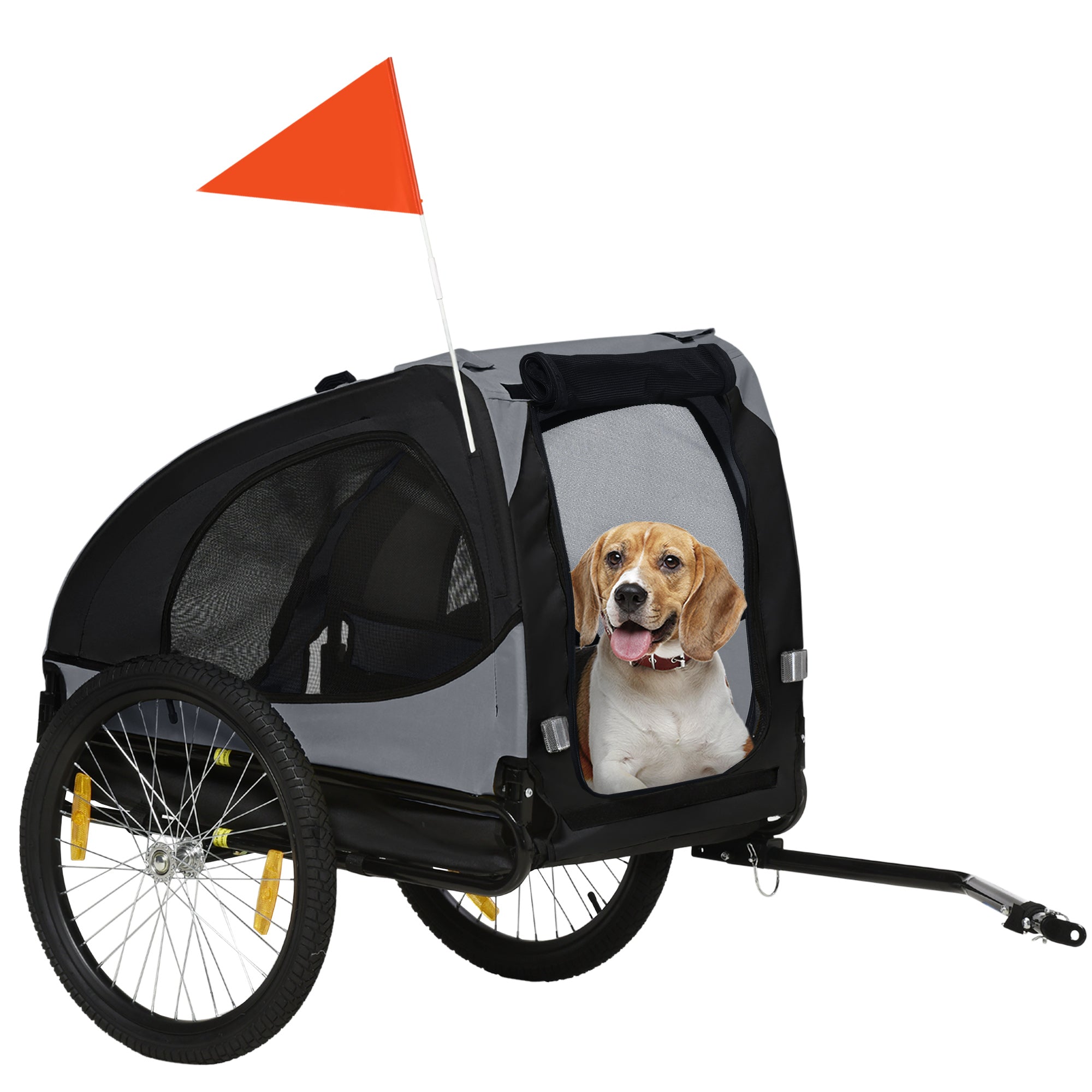 Hundetrailer, cykeltrailer op til 20 kg, netvindue, rulleovertræk, universalkobling, sort, 140 x 71 x 83 cm