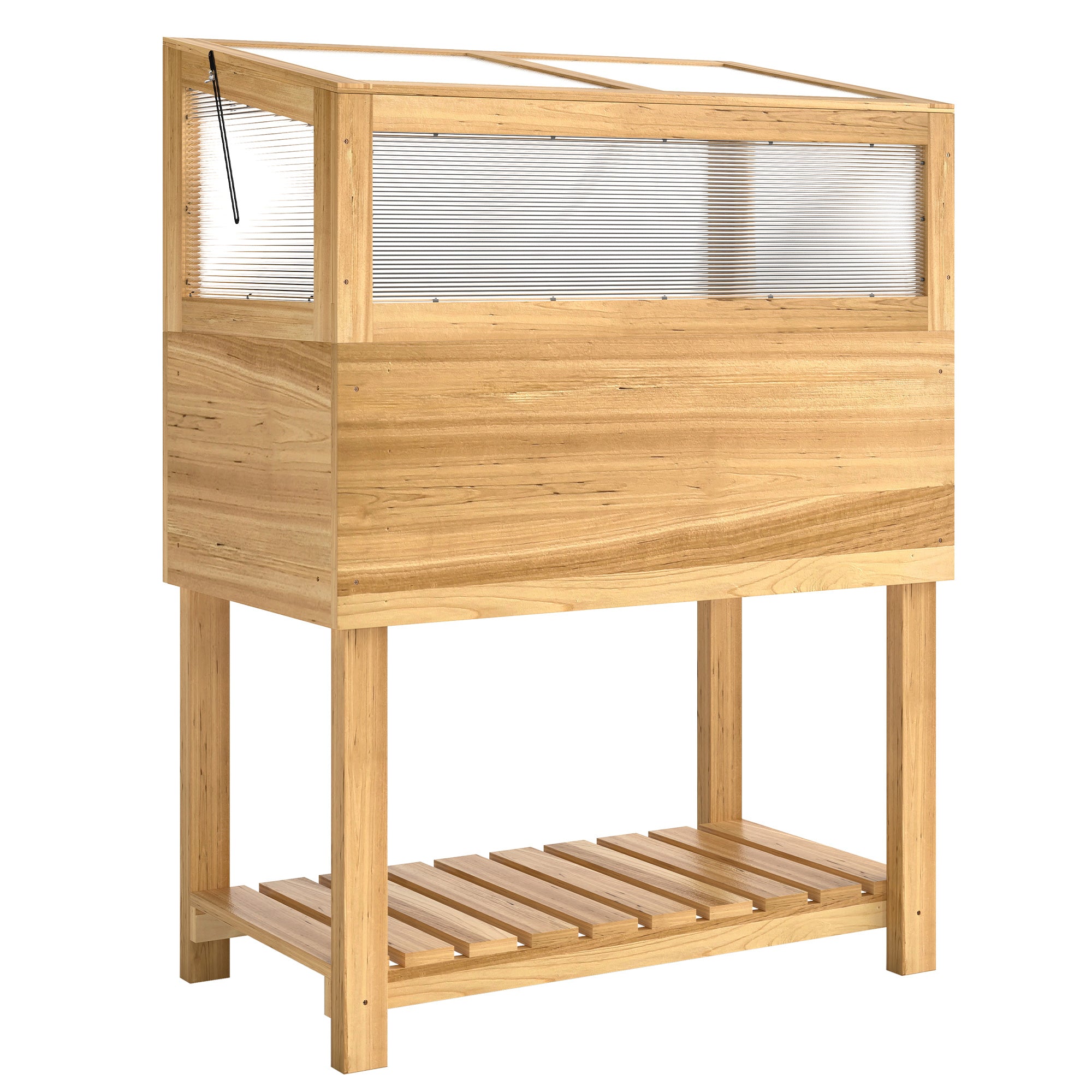 Højbed med træramme, hævet plantekasse med hængslet låg, hylde, fiberdug, ergonomisk design