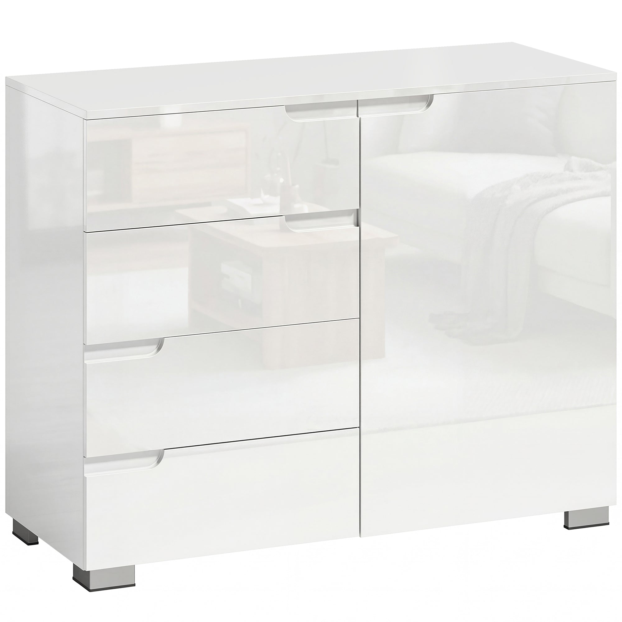 Kommode med 4 skuffer, skænk med 1 dør, justerbar hylde, til stue, soveværelse, 100 x 40 x 80 cm