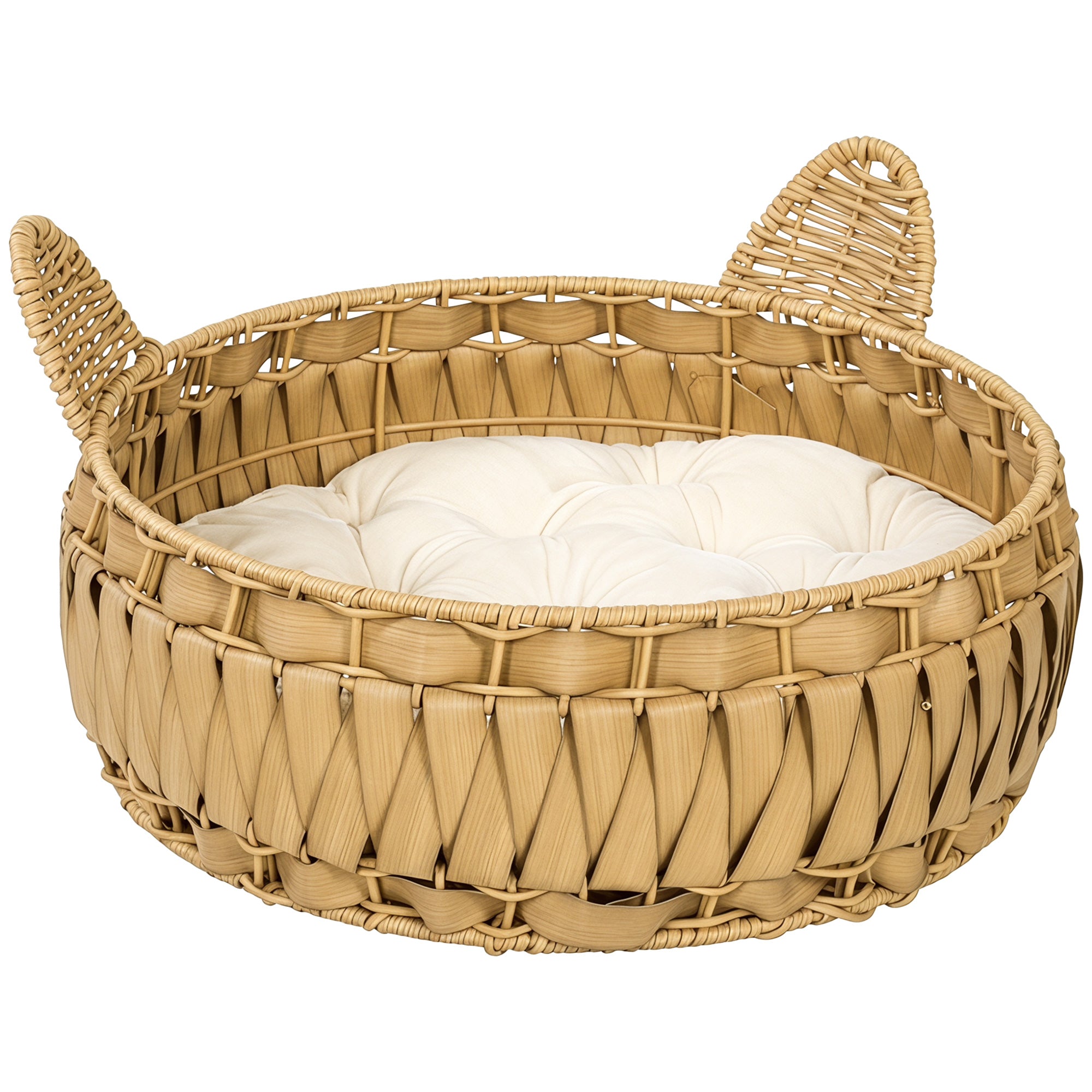 Rattan katteseng, kattehule med aftagelig hynde, kattekurv til katte op til 10 kg, 50 x 50 x 25 cm, lysebrun