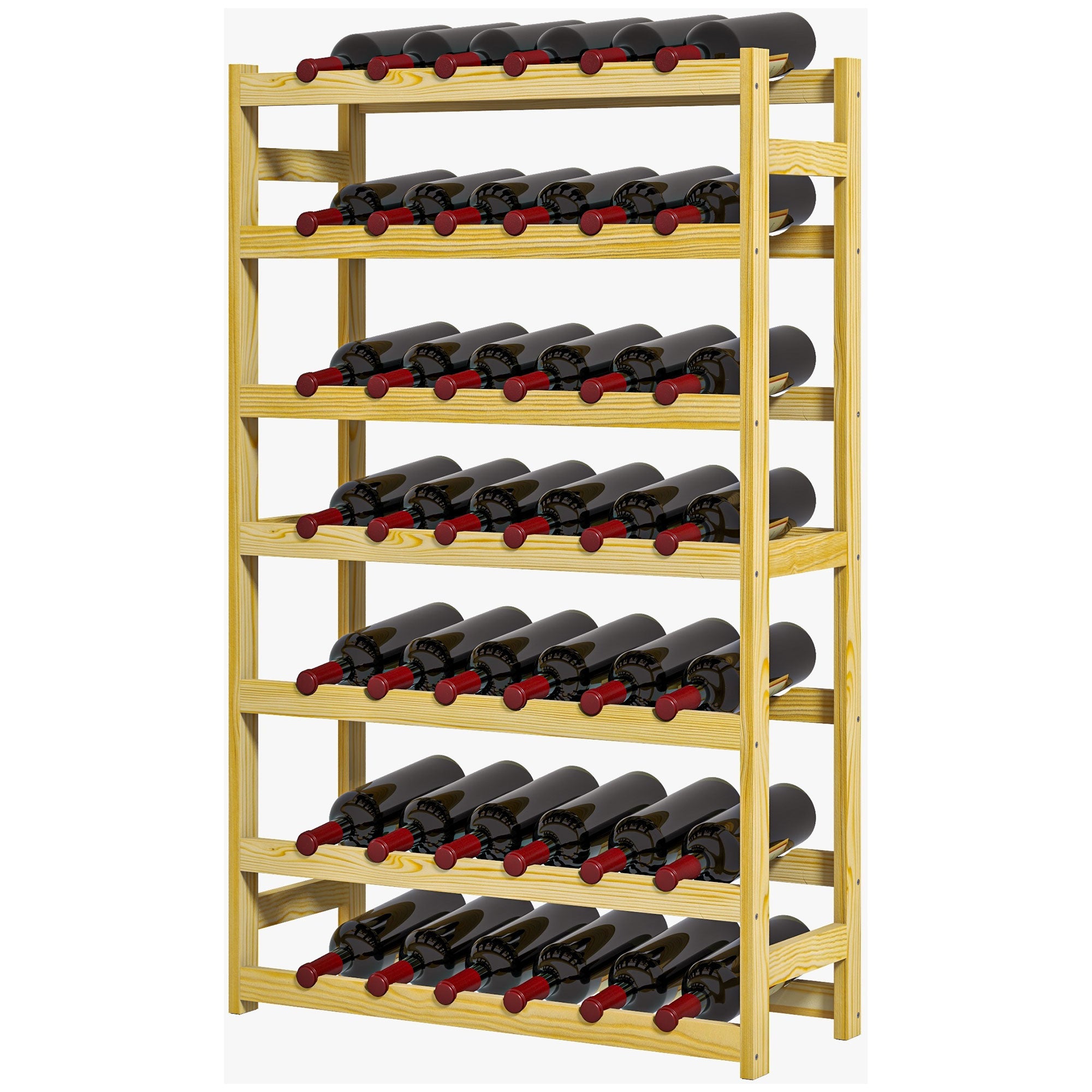 Vinreol, 7 hylder, til 42 flasker, anti-tip, fyrretræ, 63x25x102cm, natur