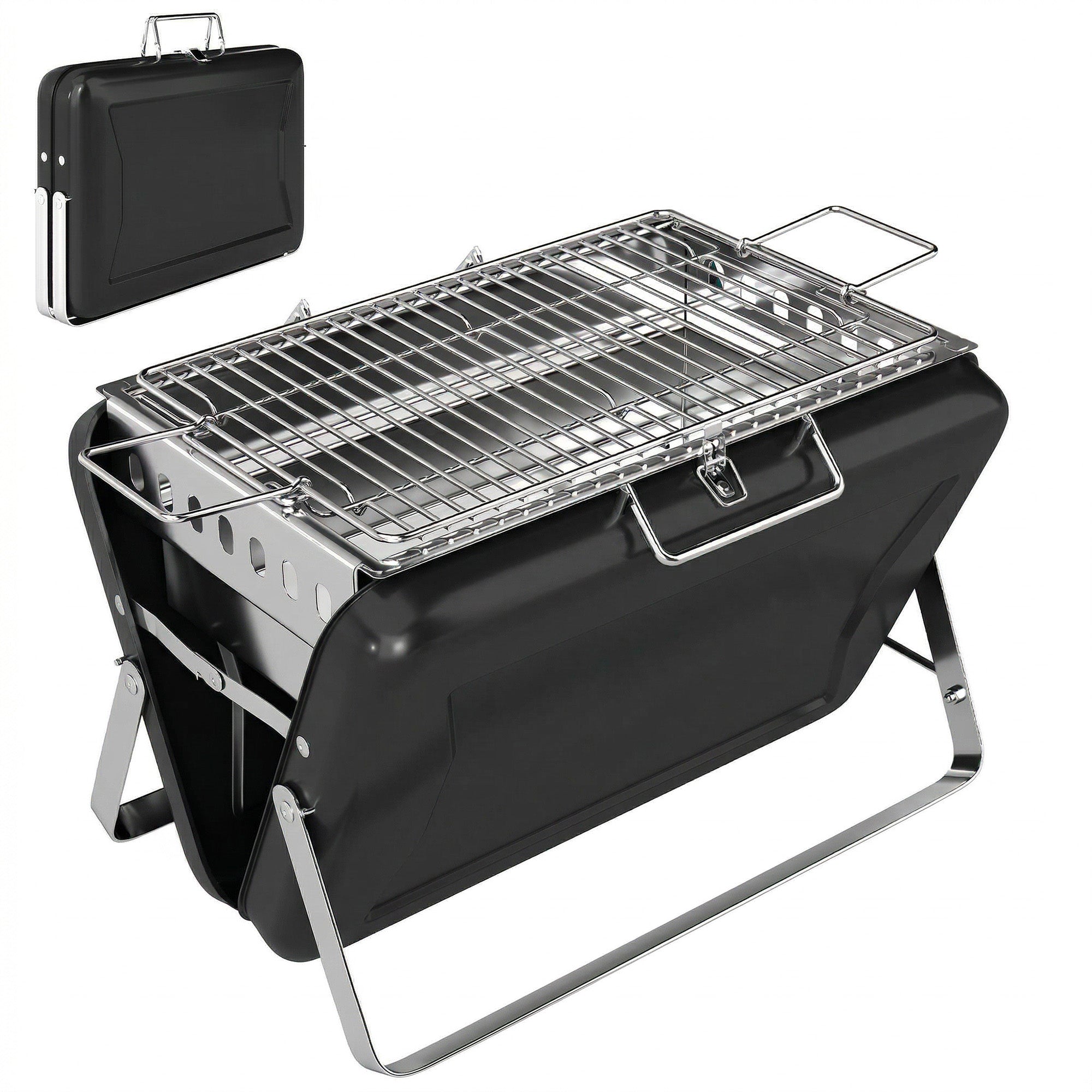 Rustfrit stål kulgrill BBQ-ryger med grillrist, håndtag og sammenklappelige ben til grill og camping, 40x28x25,5 cm, sort