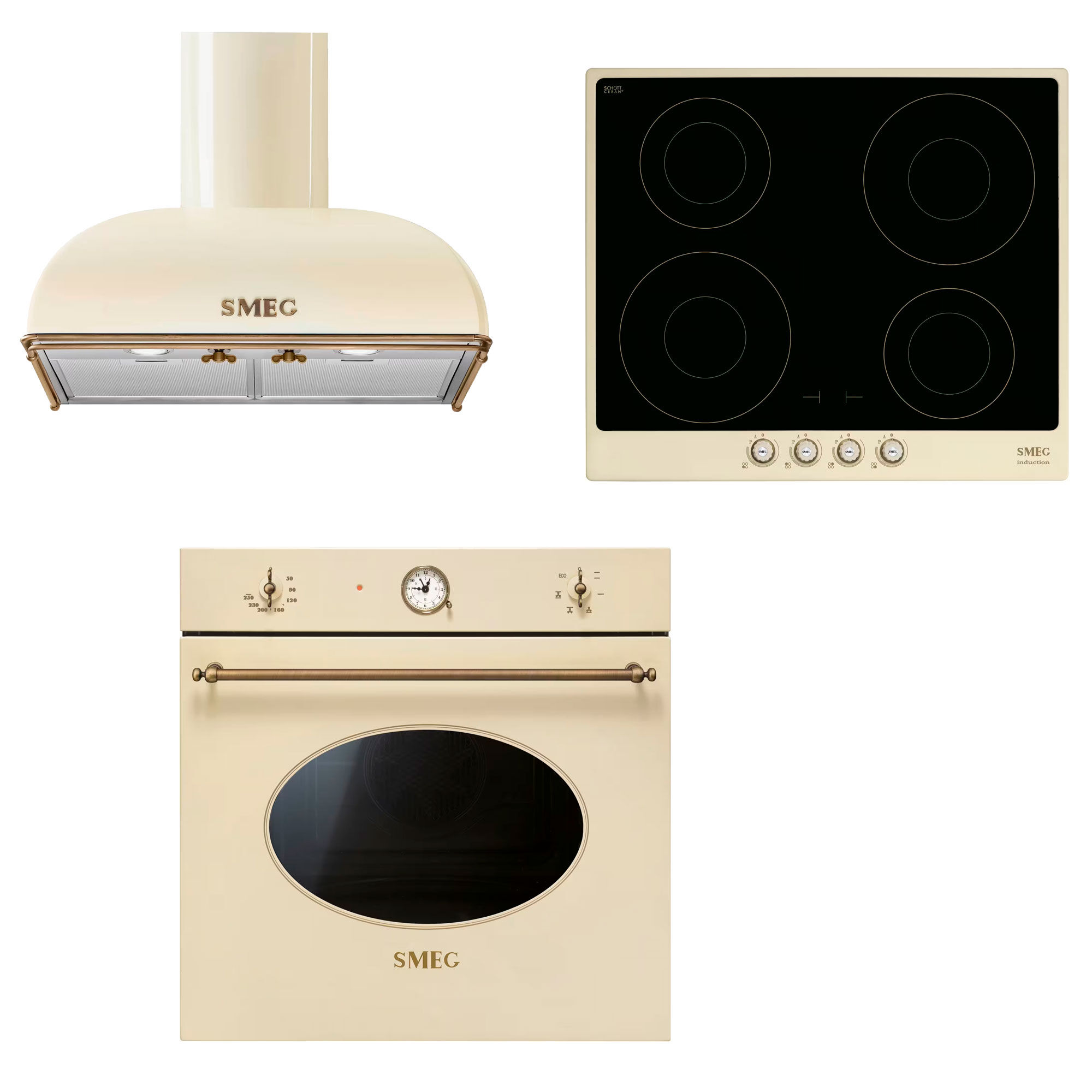 Smeg Colonial indbygningsovn + induktionskogeplade + emhætte, creme