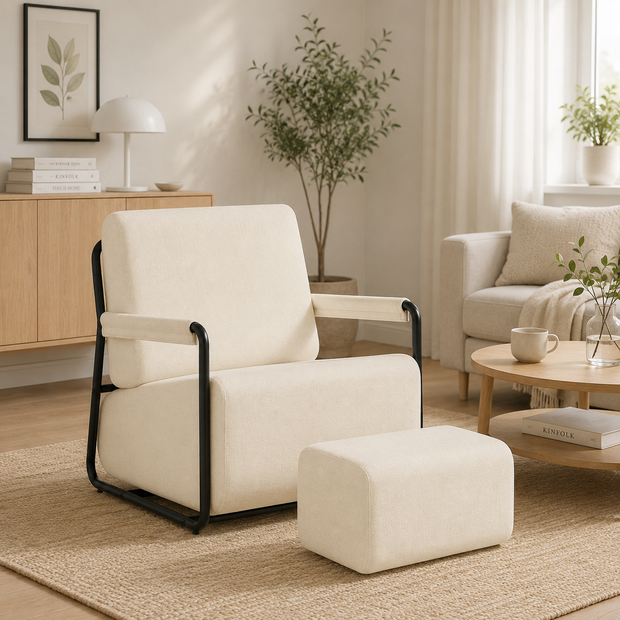 Sofastol med fodskammel, 30D højelastisk skumfyld, 67 Ã 74 Ã 78 cm, beige