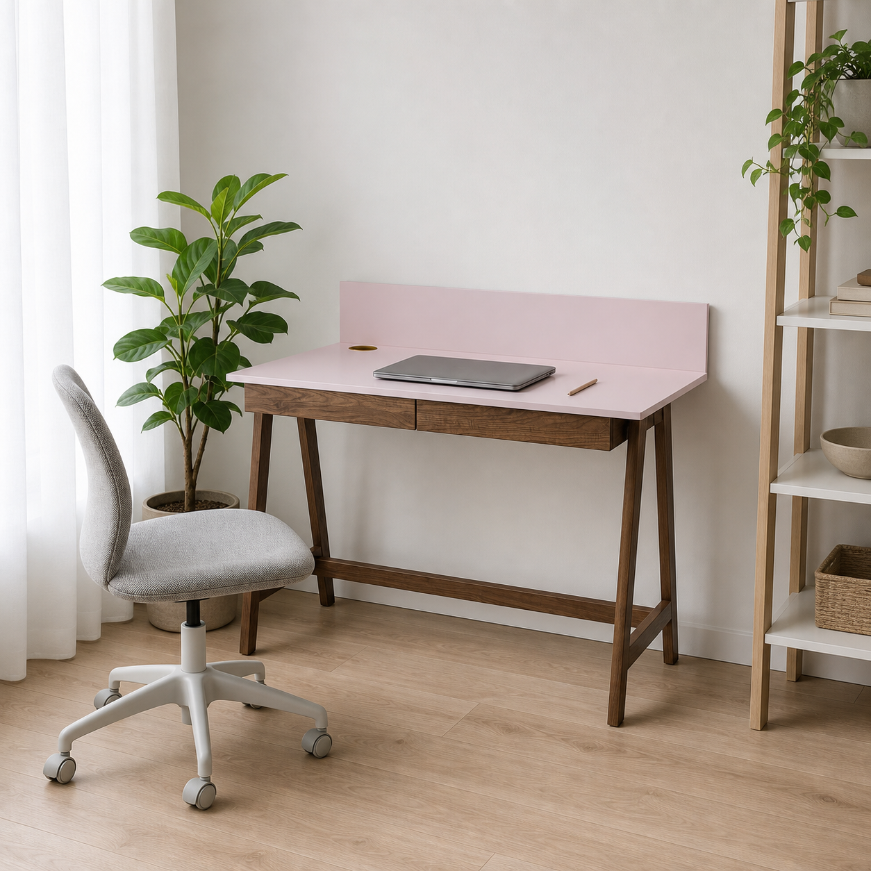 Skrivebord 110 cm med 2 skuffer, støvet rosa