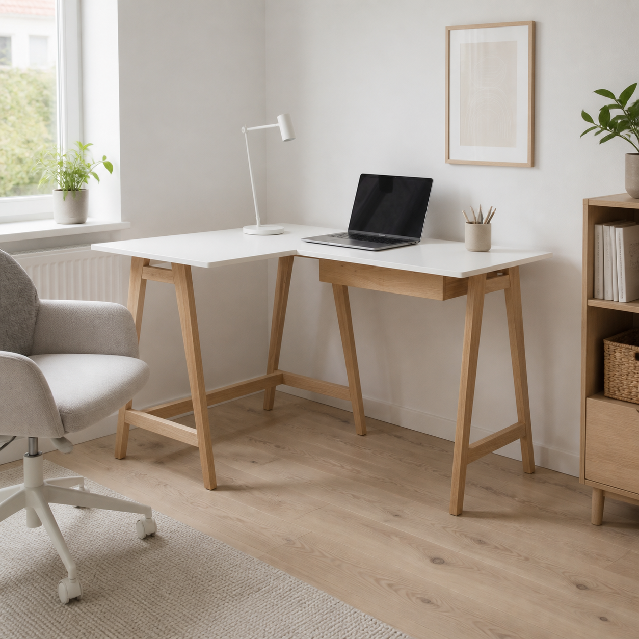 Hjørneskrivebord 115 cm, venstre, hvid