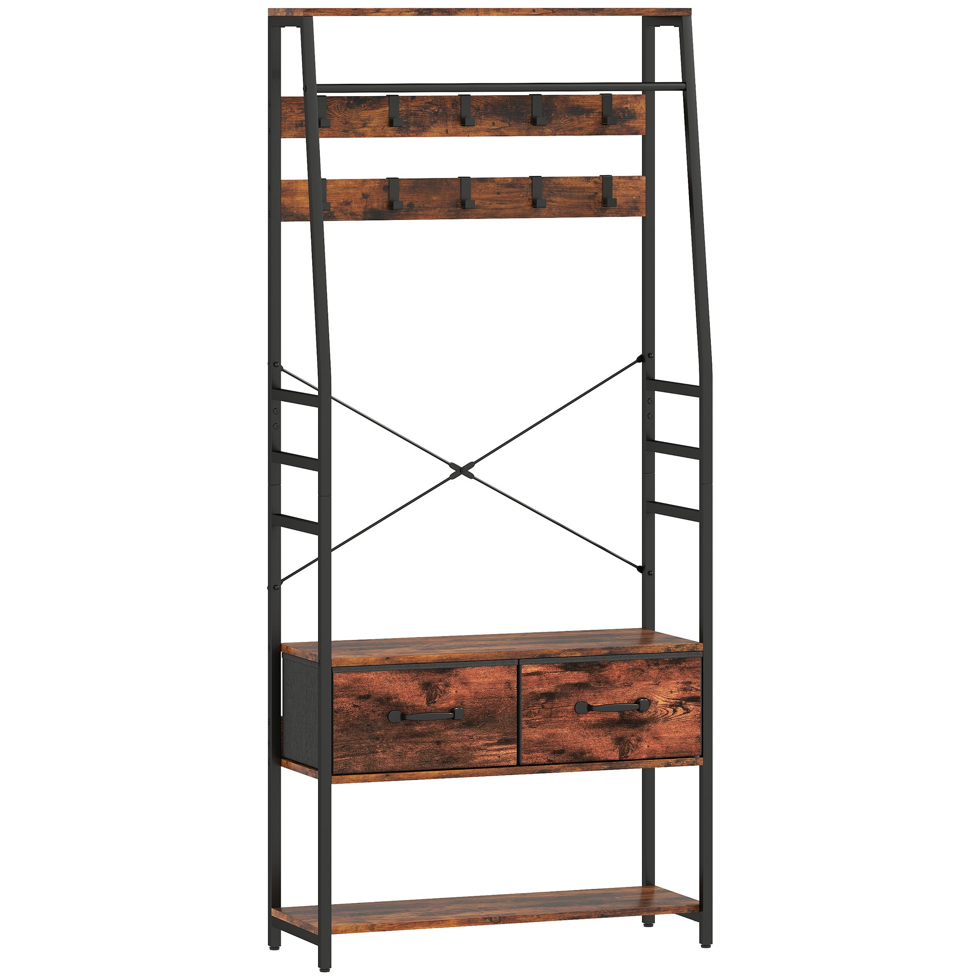 Garderobe med skohylde, stumtjener med bænk, 10 kroge, 2 stofskuffer, bøjlestang, spånplade, metal, brun