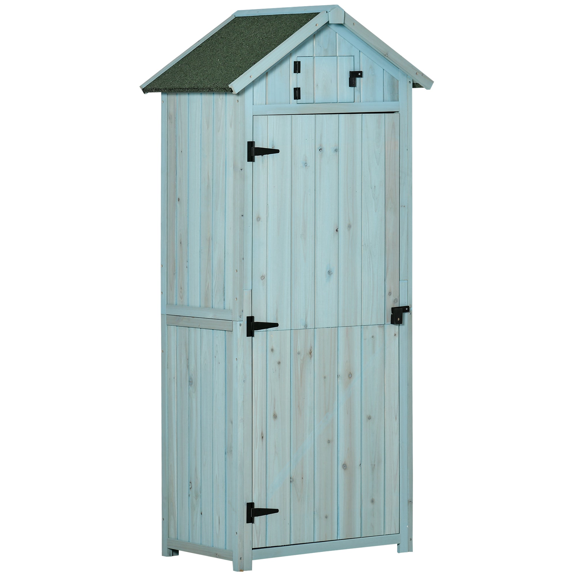 Træskur, vejrbestandigt redskabsskur 77x54,2x179cm, havehus med dør, skråtag, redskabsskab med hylder, redskabsskur til haven, terrasse, lyseblå+grøn