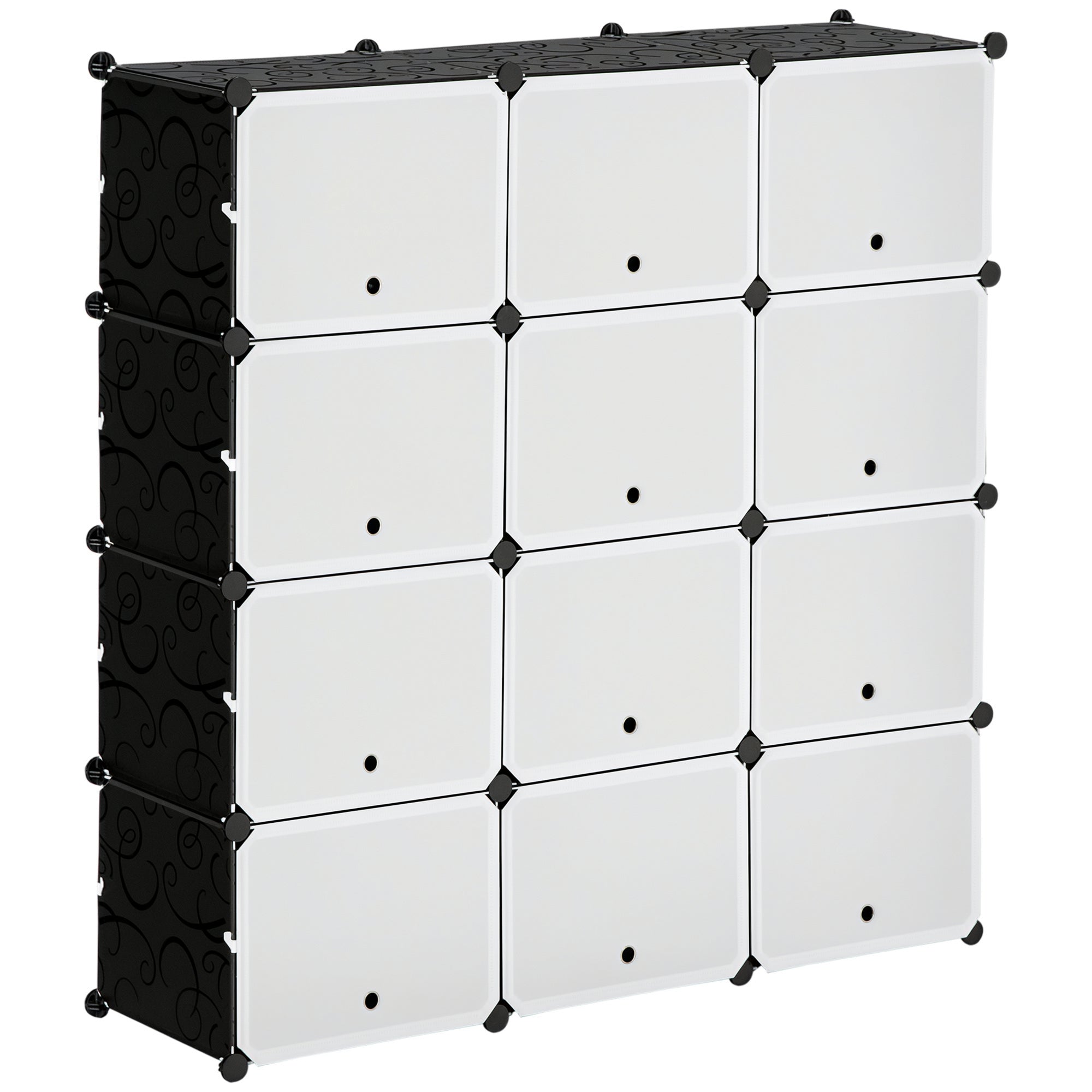 Modulært reolsystem, indstiksreol, samlet af 12 kuber 125 x 32 x 125 cm, plast + stål sort