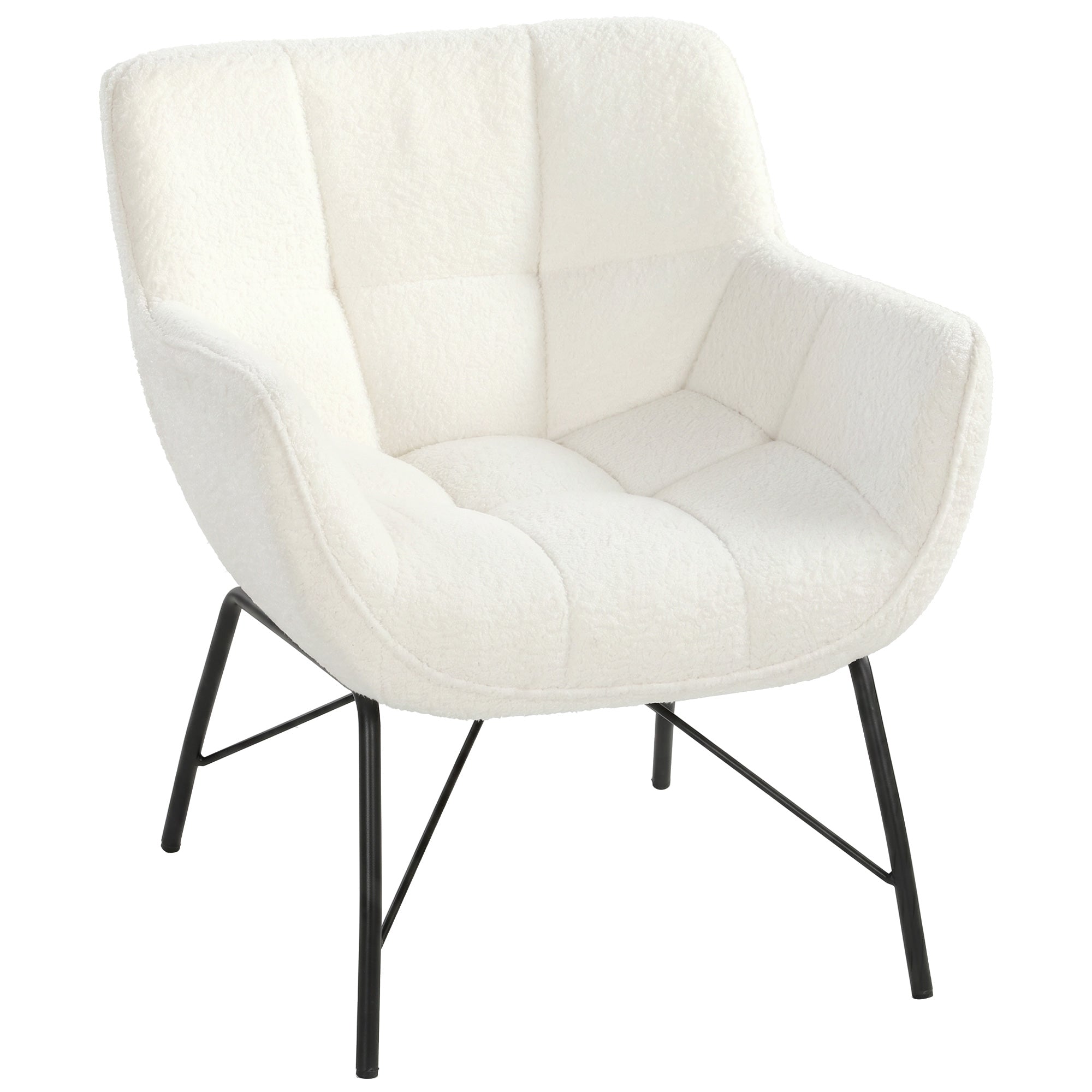 Moderne lænestol, sherpa fleece stol med buet ryglæn, integrerede armlæn, metalben, cremehvid