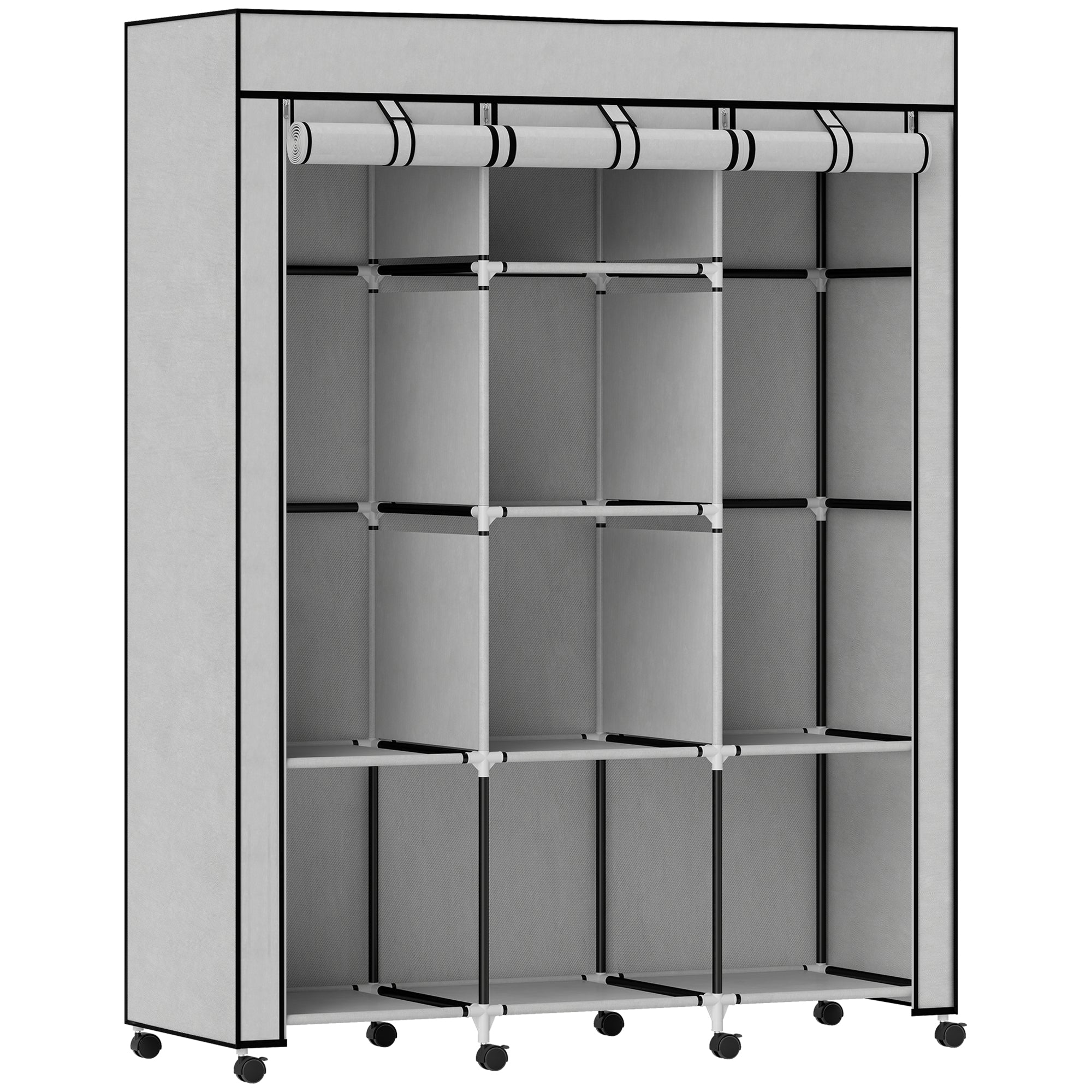 Stofgarderobe, opbevaringsløsning, 8 hylder, 2 garderobestativer, grå