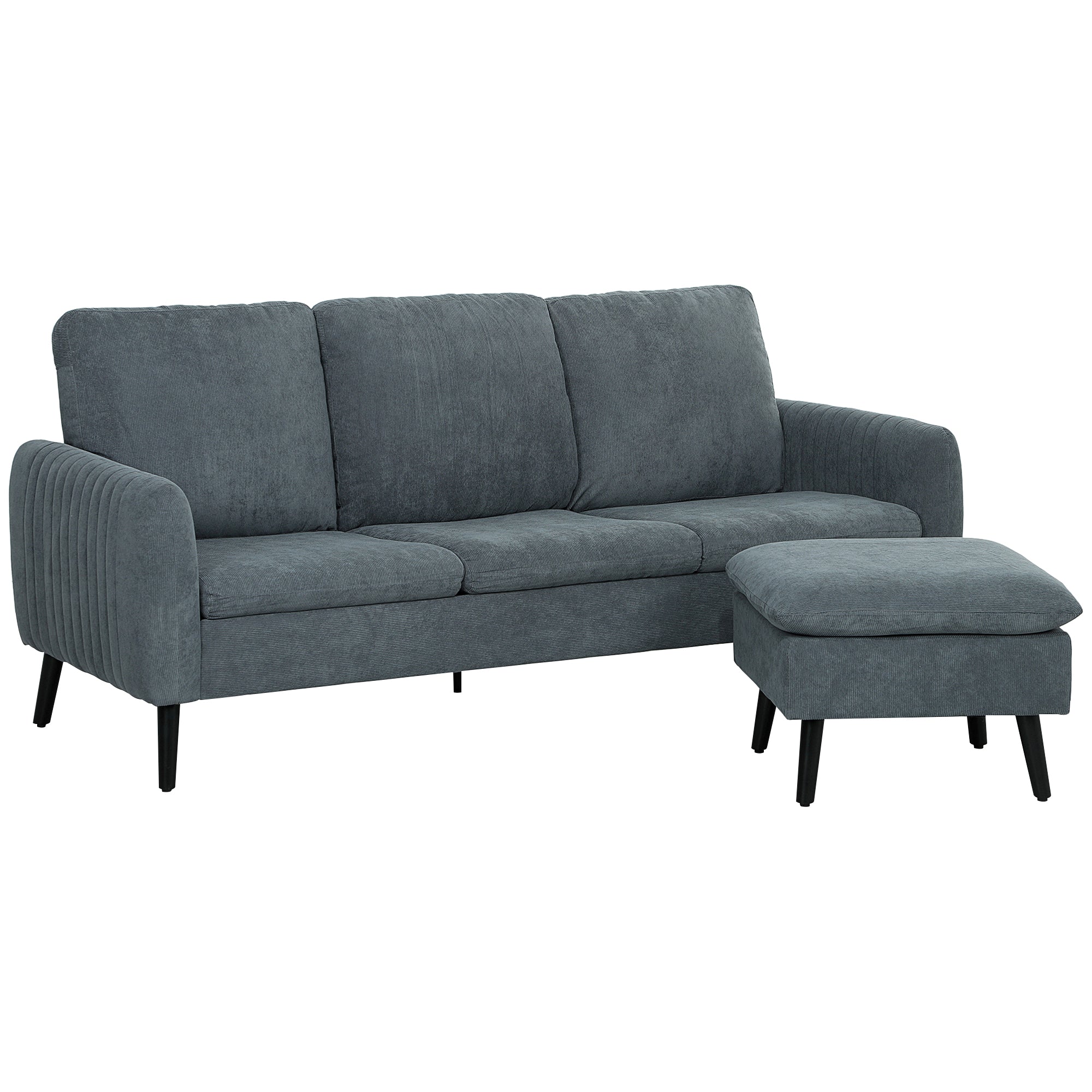 Hjørnesofa, 3-personers sofa med fodskammel, stofbetræk, L-formet sofasæt, mørkegrå