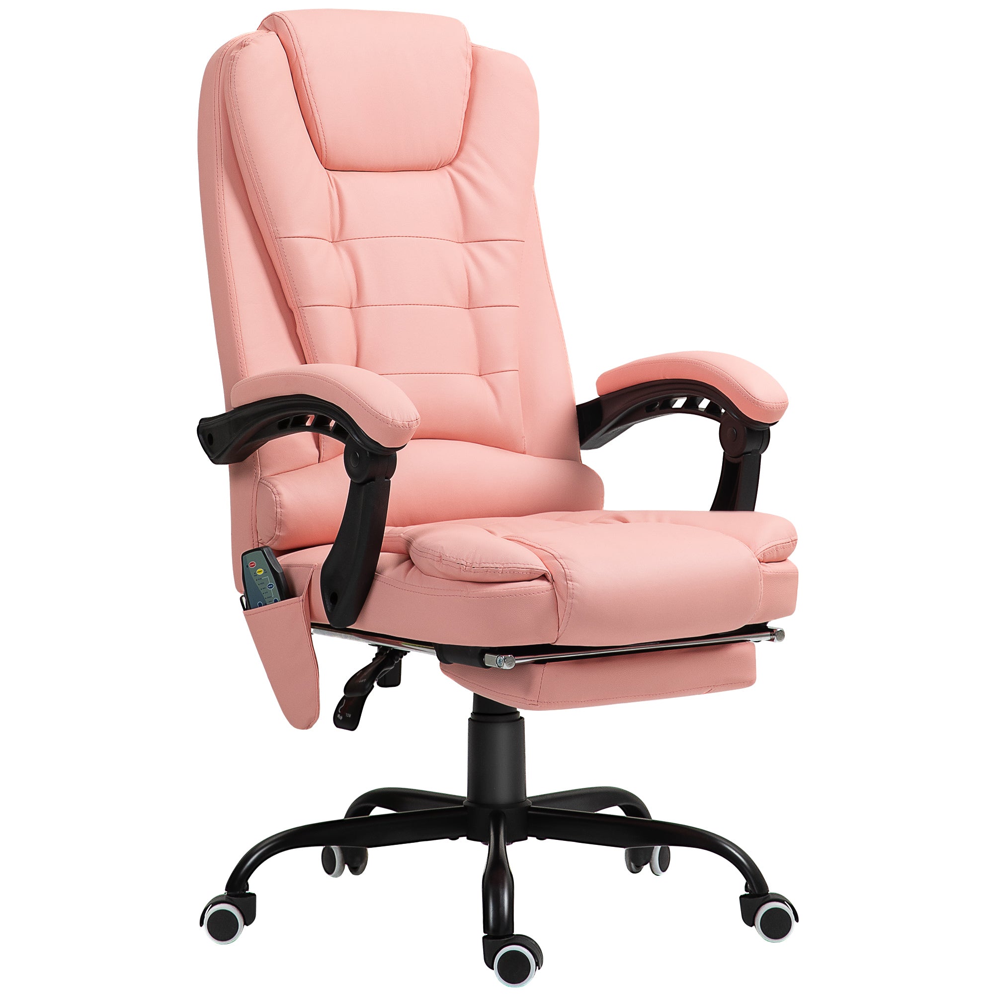 Massagekontorstol, 7 vibrationspunkter, justerbar fodstøtte og ryglæn, op til 120 kg, læderlook, pink