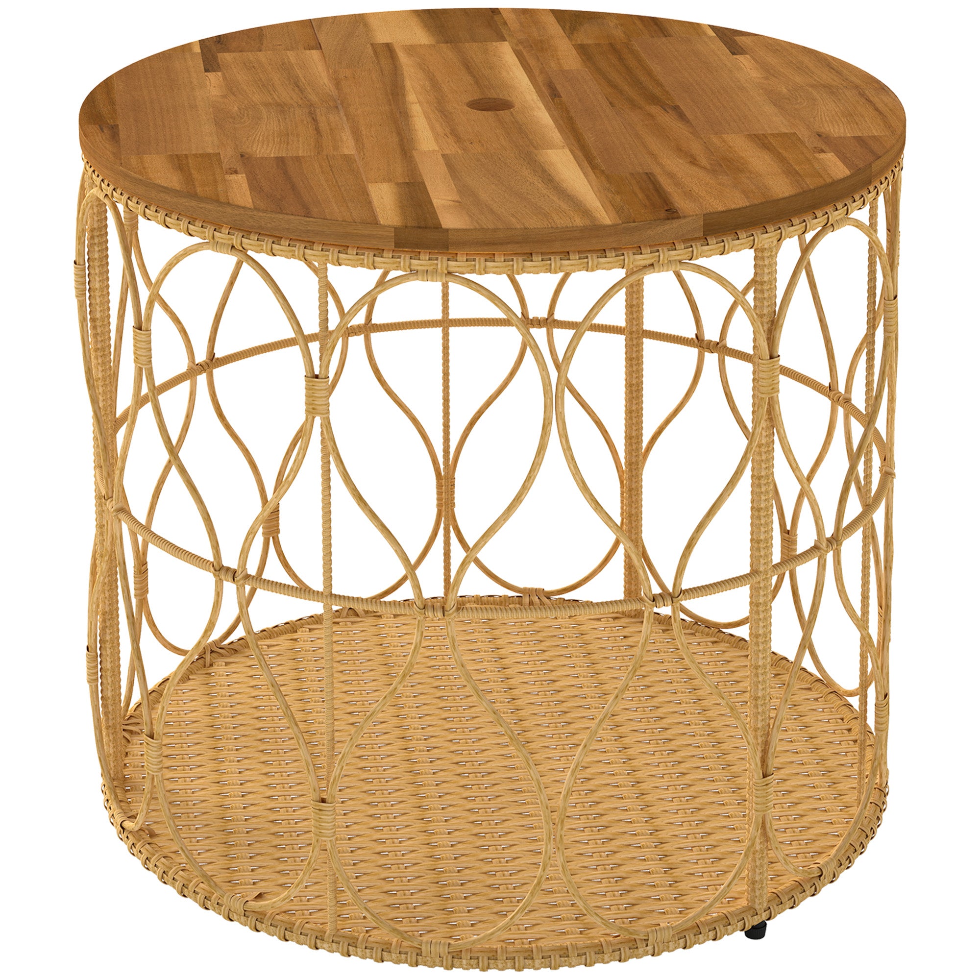 Sidebord Ø50 cm, vejrbestandigt havebord med rattan-look, bordplade i akacietræ, justerbare fødder, teak