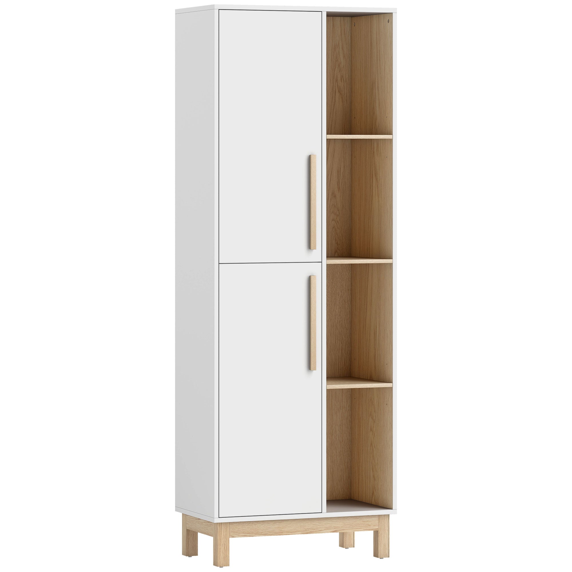 176 cm høj reol, 4 åbne hylder, 2 skabe, fritstående reol, MDF, hvid
